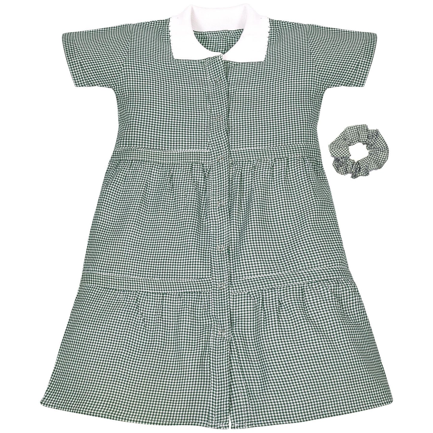 Kids Girls Gingham School Dress Check Button Up Tiered Dresses With Scrunchies