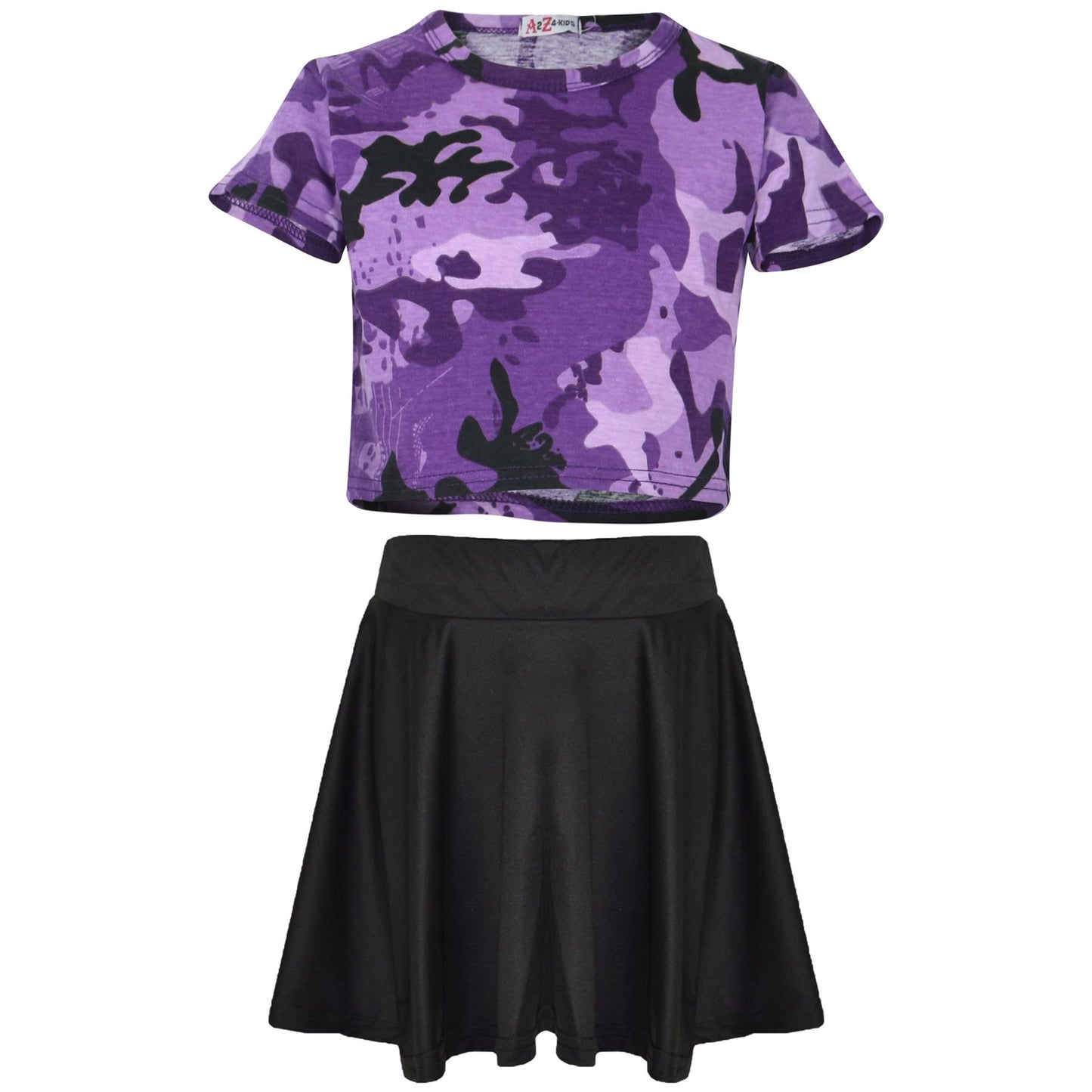 A2Z 4 Kids Camouflage Crop Top & Skater Skirt Set Short Sleeves T Shirt Summer Outfit 2 Piece Activewear For Girls Age 5-13 years