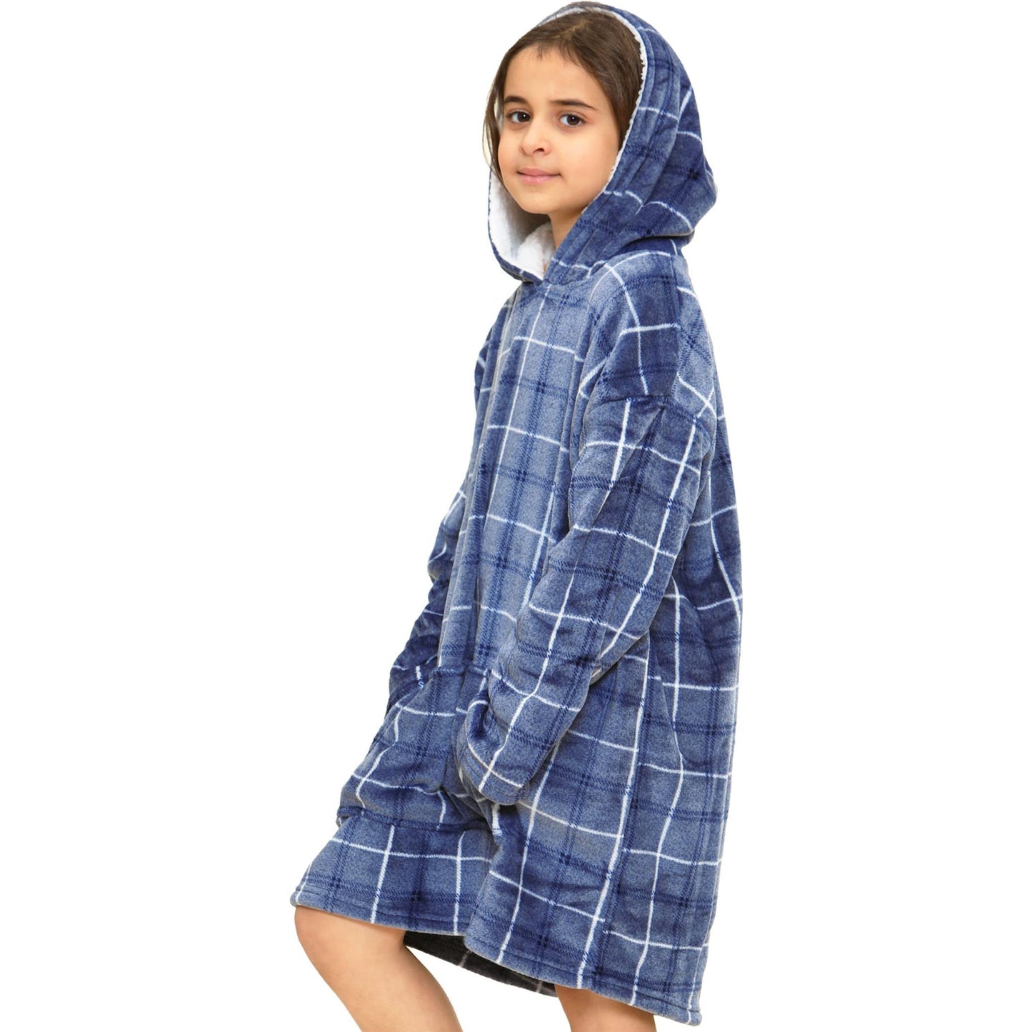 Kids Girls Boys Oversized Hoodie Blue Tartan Printed Snuggle Soft Fleece Blanket