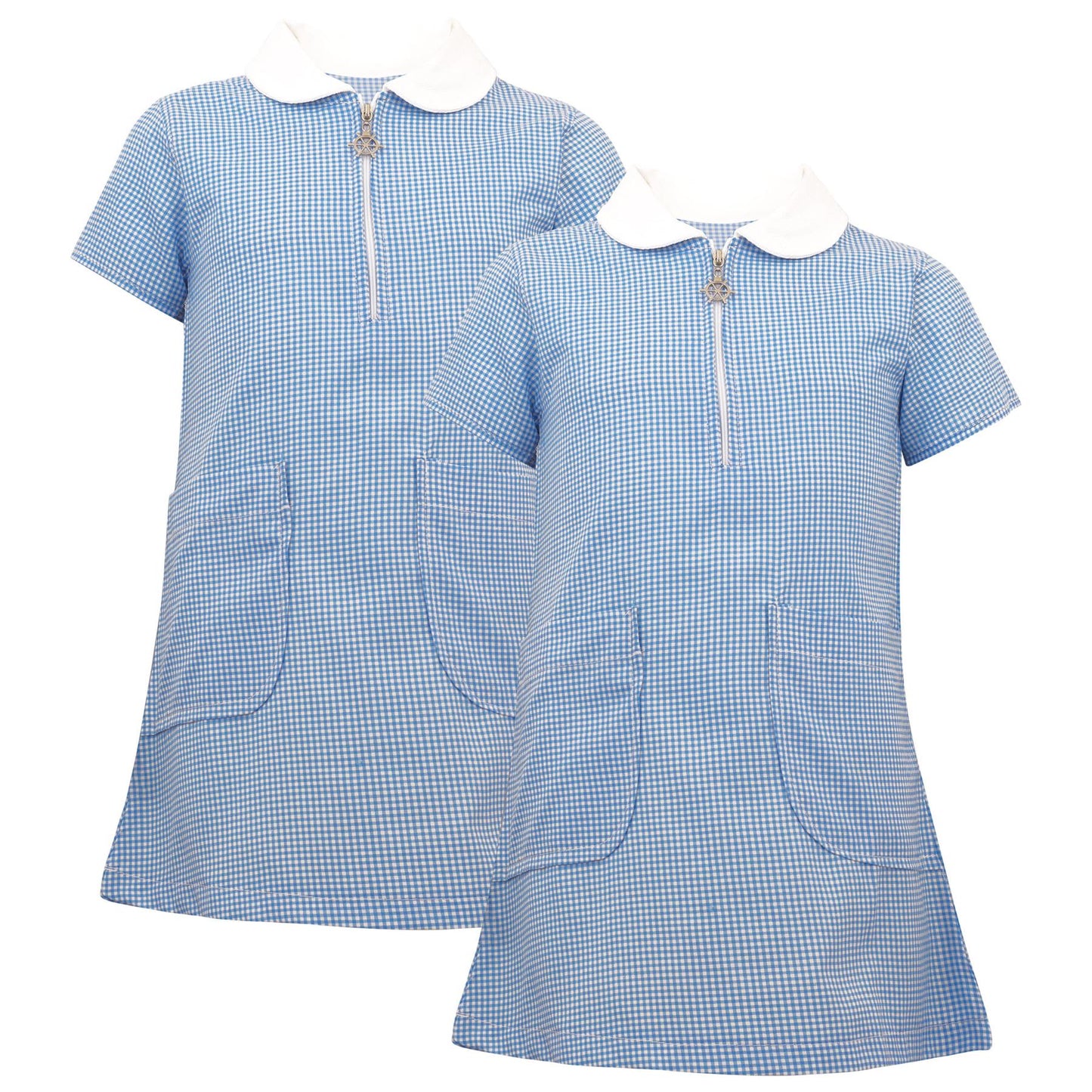 Girls Gingham 2 Pack School Dress Check Zip Up Summer Dresses With Scrunchies