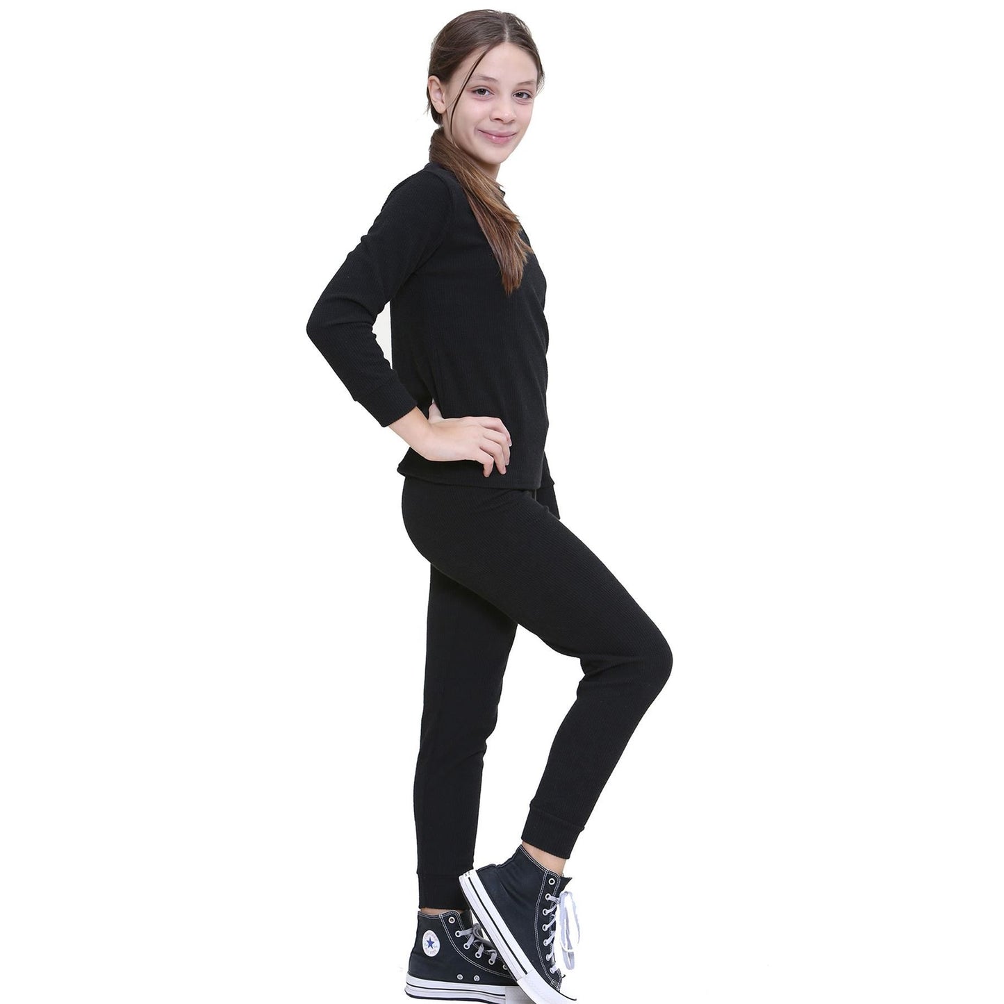 Kids Girls Ribbed Top & Bottom Tracksuit Lounge Wear Long Sleeves Outfit Set