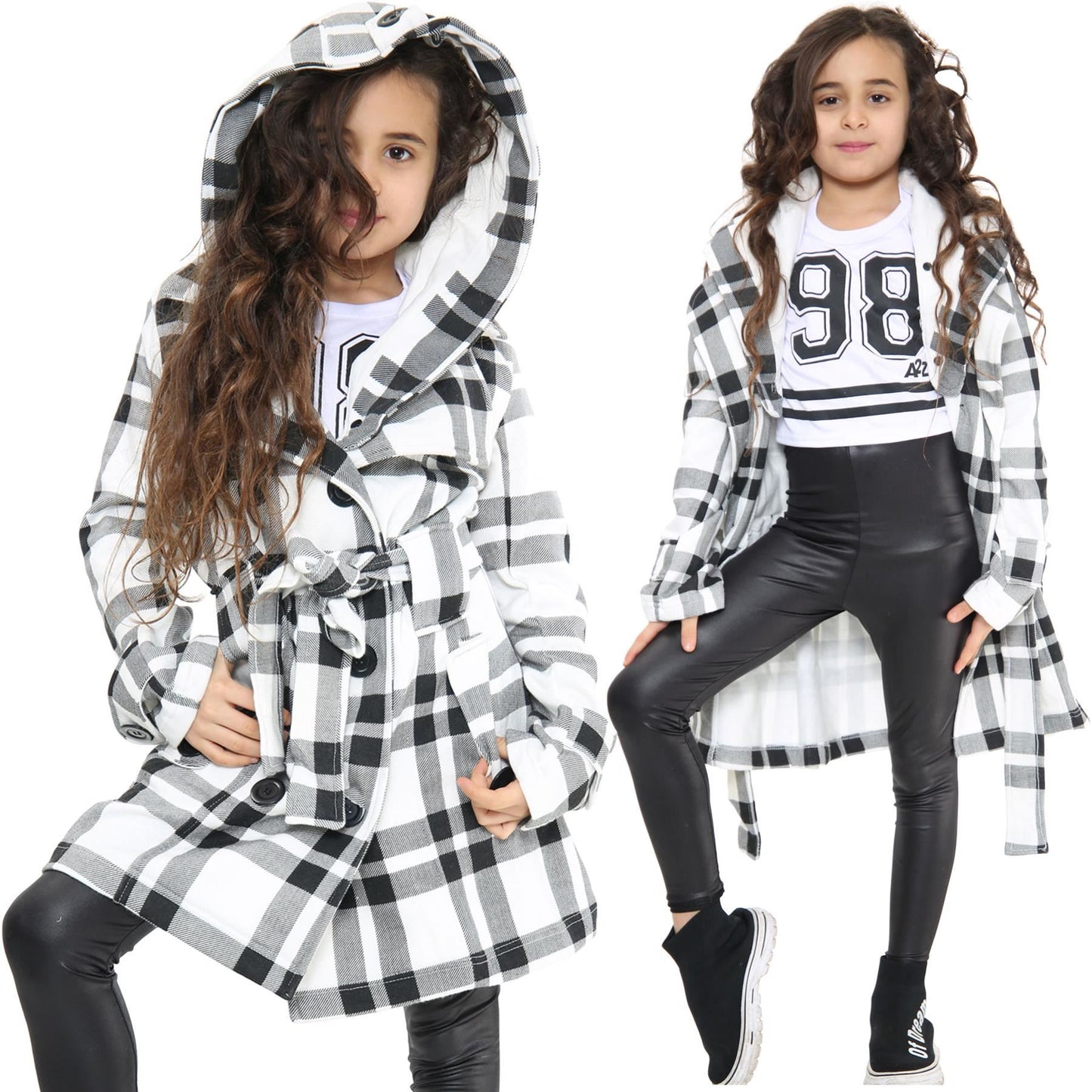 A2Z 4 Kids Kids Girls Parka Jacket Hooded Trench Coat Fashion Warm Padded Black & White Check Jacket Oversized Lapels Belted Cuffs Long Overcoat New Age 5 6 7 8 9 10 11 12 13 Years