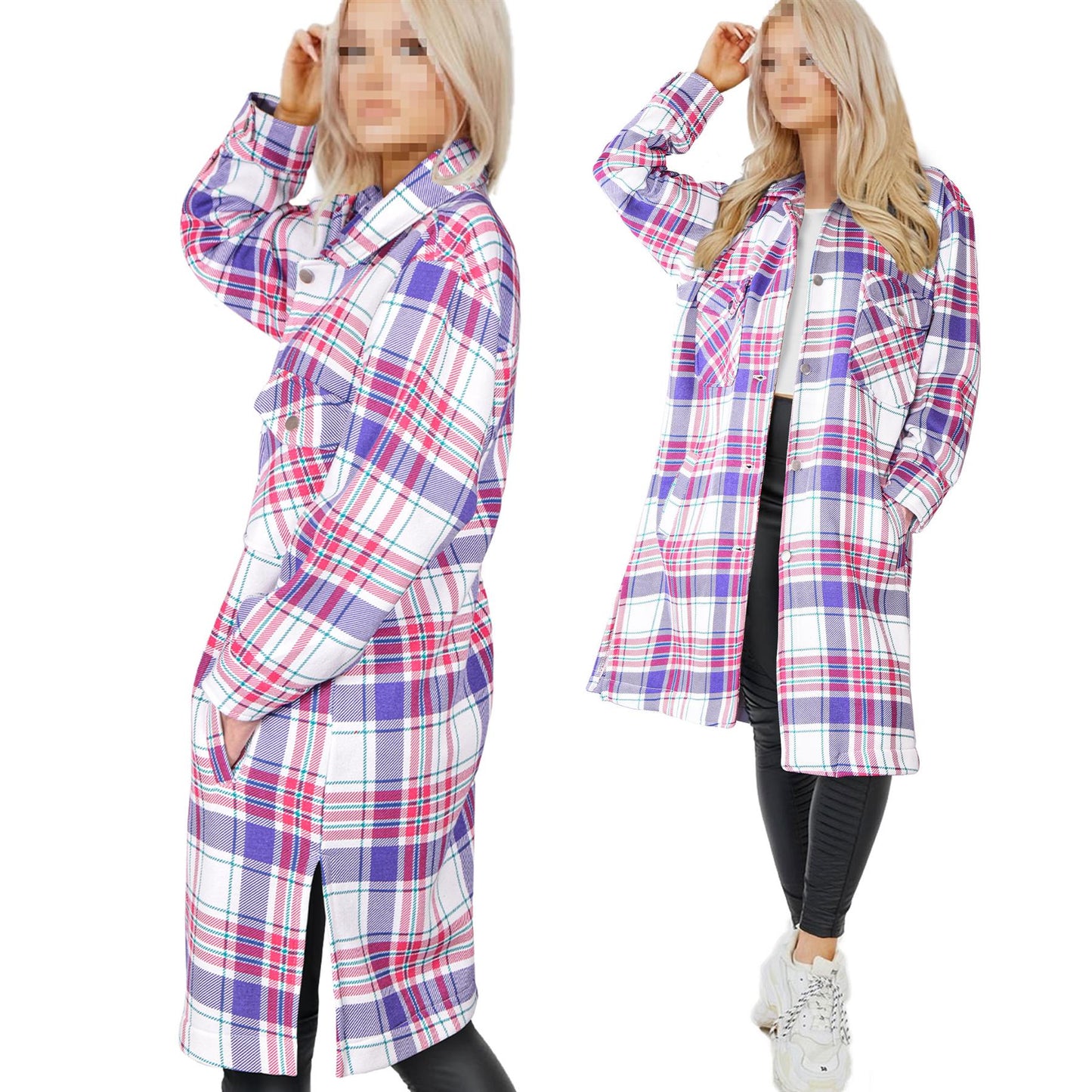 Ladies Longline Shacket Checked Button Down Shirt Jacket Top Oversize Coat