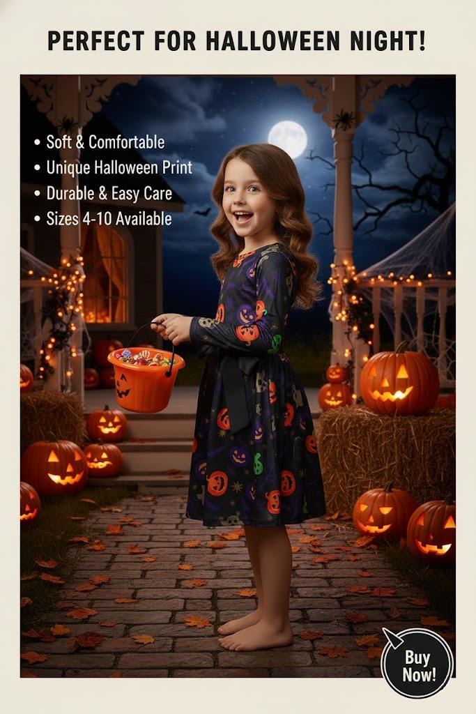 Girls Halloween Swing Dress Ghost Pumpkin Bat Spooky Parties Costume 5-13 Yrs