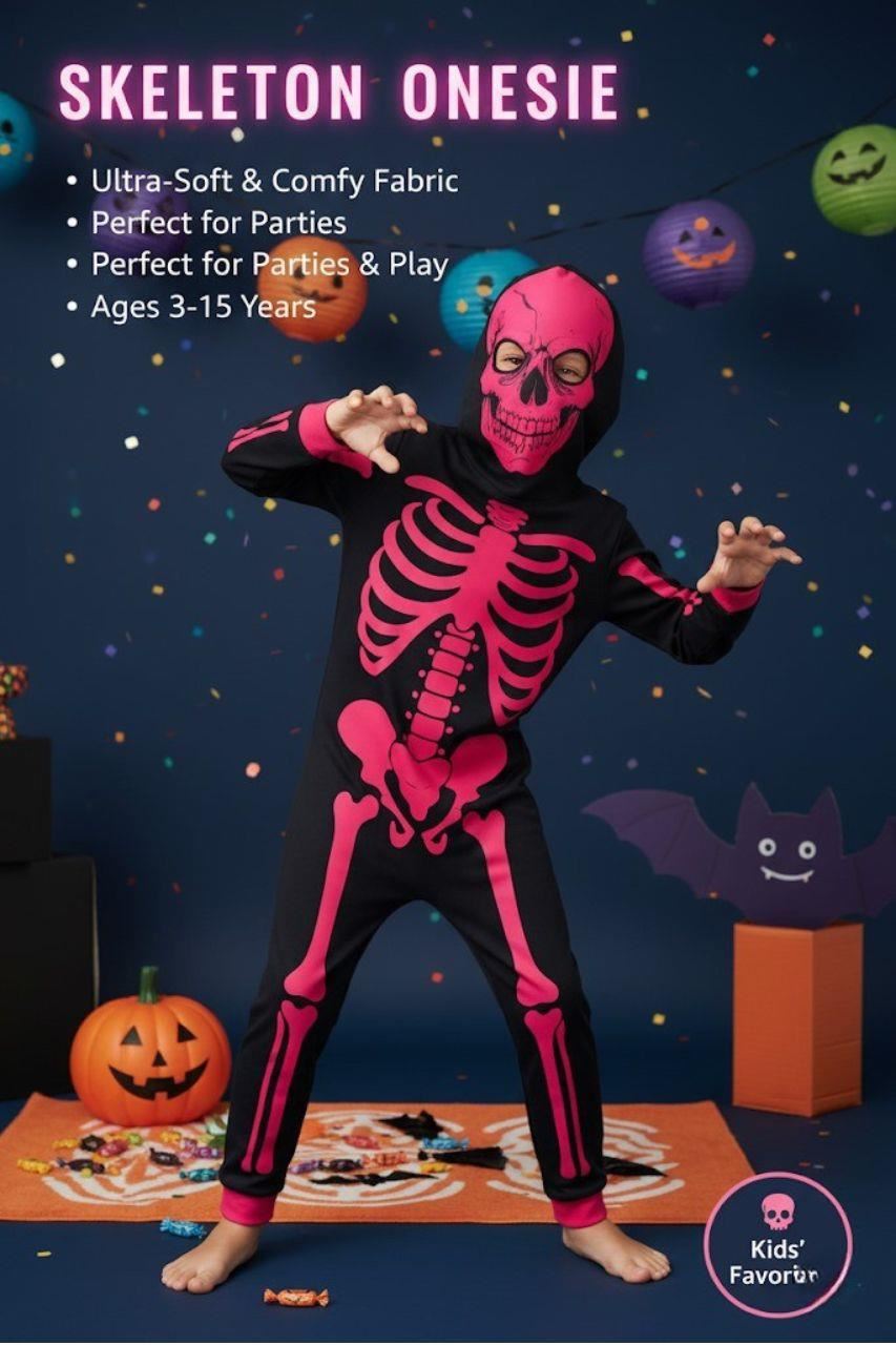 Kids Girls Boys Skeleton Print Pyjama Onesie Neon Pink All In One Halloween Costume