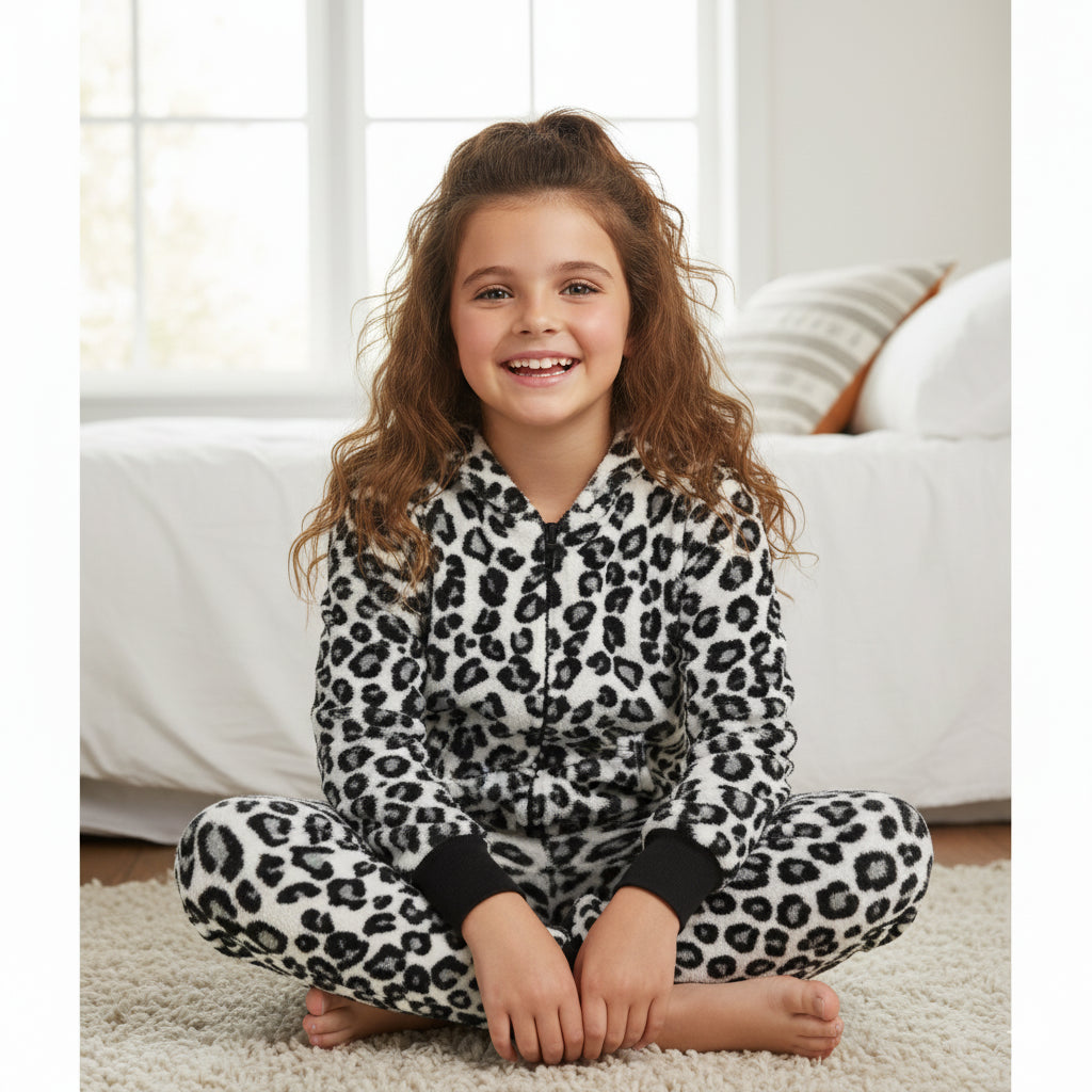 Kids Girls Boys Onesie Soft Fluffy Leopard Print All In One Xmas Costume 7-13 Yr