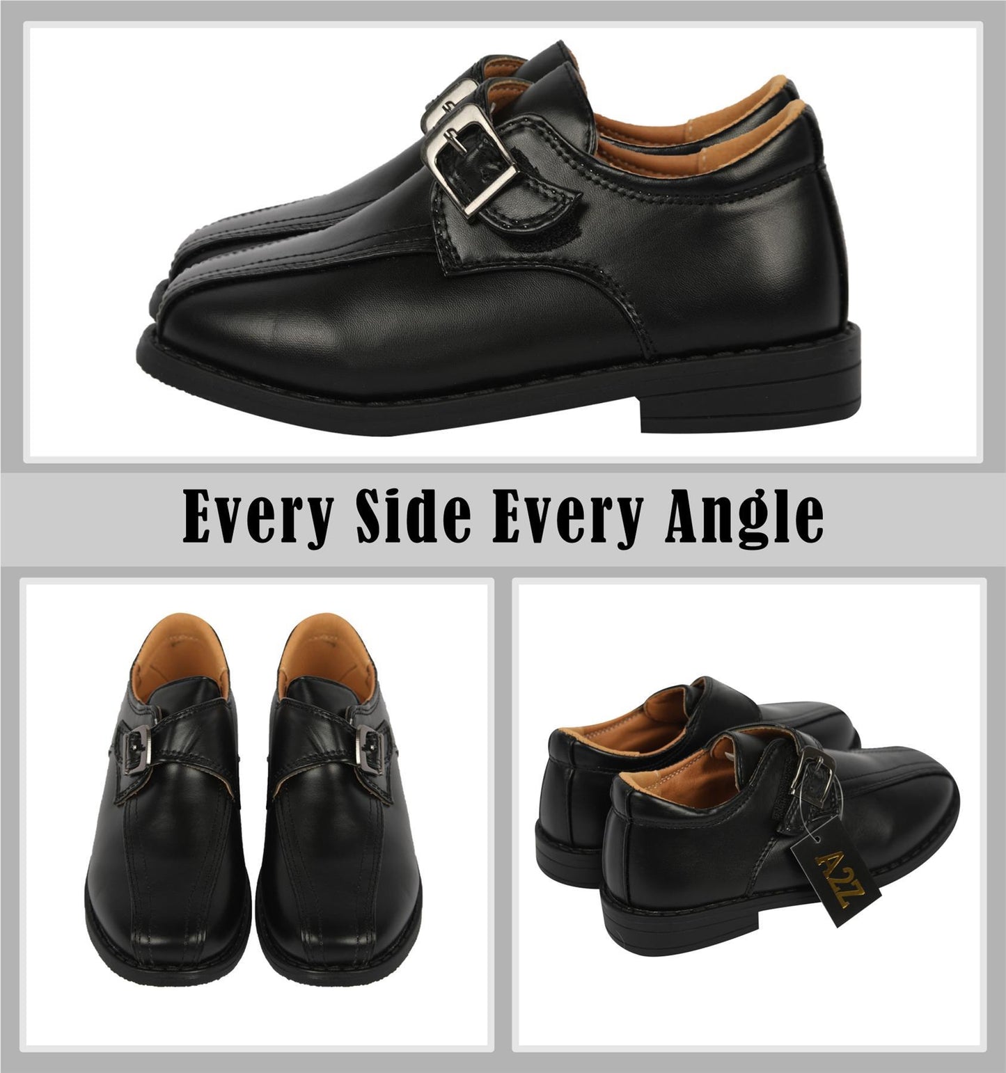 Kids Boys Teens Black School Shoes PU Leather Touch Fasten Strap Size 10 to 5