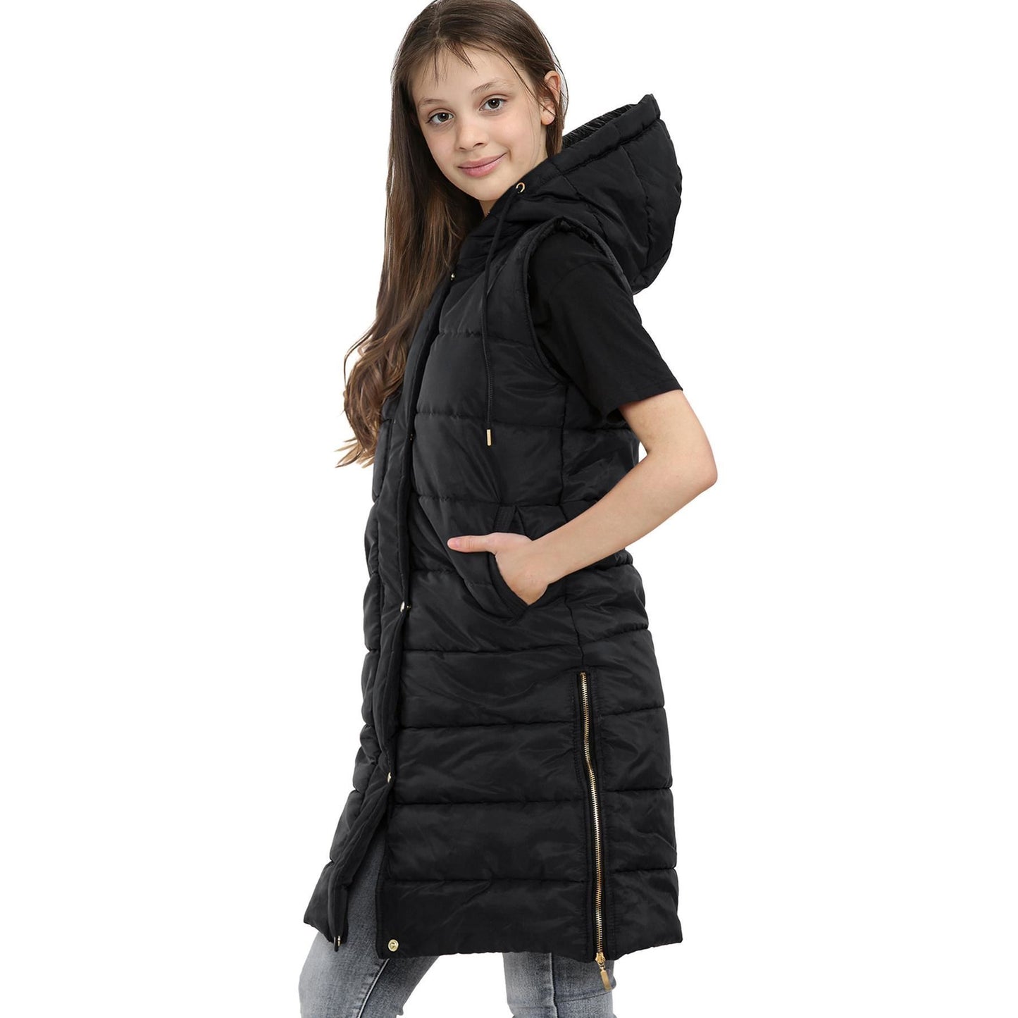 Kids Girls Oversized Gilet Long Line Hooded Quilted Jacket Long Sleeveless Coat