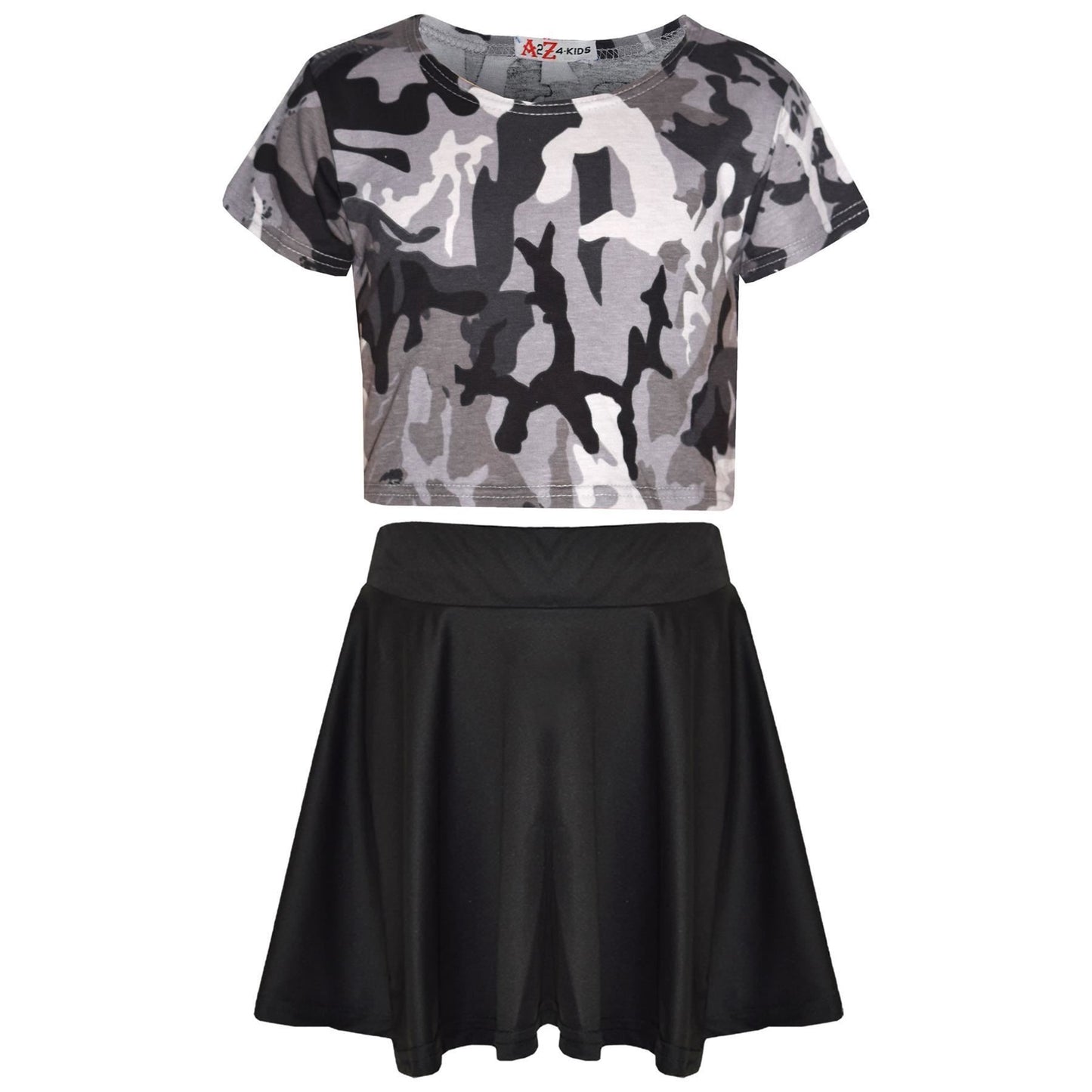 A2Z 4 Kids Camouflage Crop Top & Skater Skirt Set Short Sleeves T Shirt Summer Outfit 2 Piece Activewear For Girls Age 5-13 years