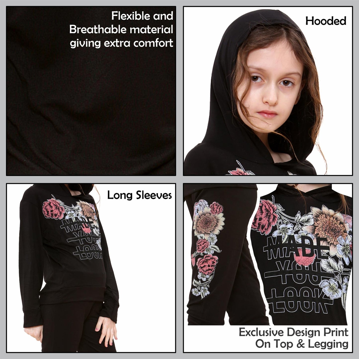 Girls Top Kids Made You Look Print Long Sleeves Hooded Top & Legging Set 5-13 Yr