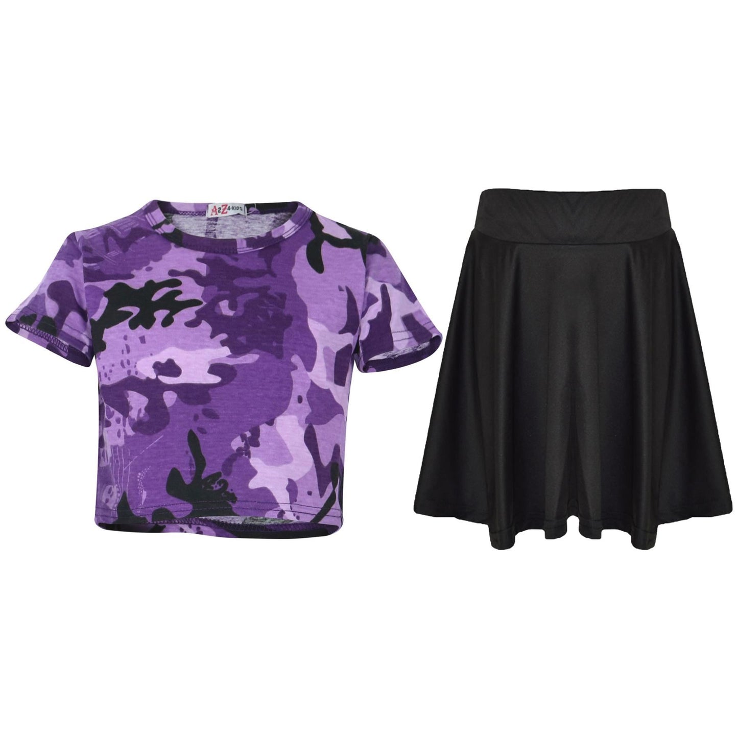 A2Z 4 Kids Camouflage Crop Top & Skater Skirt Set Short Sleeves T Shirt Summer Outfit 2 Piece Activewear For Girls Age 5-13 years