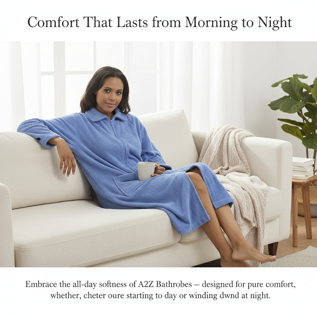 Ladies Towelling Bathrobe Front Zip Dressing Gown Long Sleeves & Deep Pockets