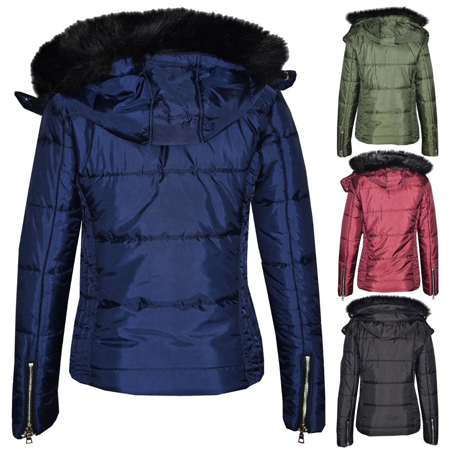 Girls Puffer Jacket Quilted Winter Coat Faux Fur Hood Warm Padded Zipped Coat