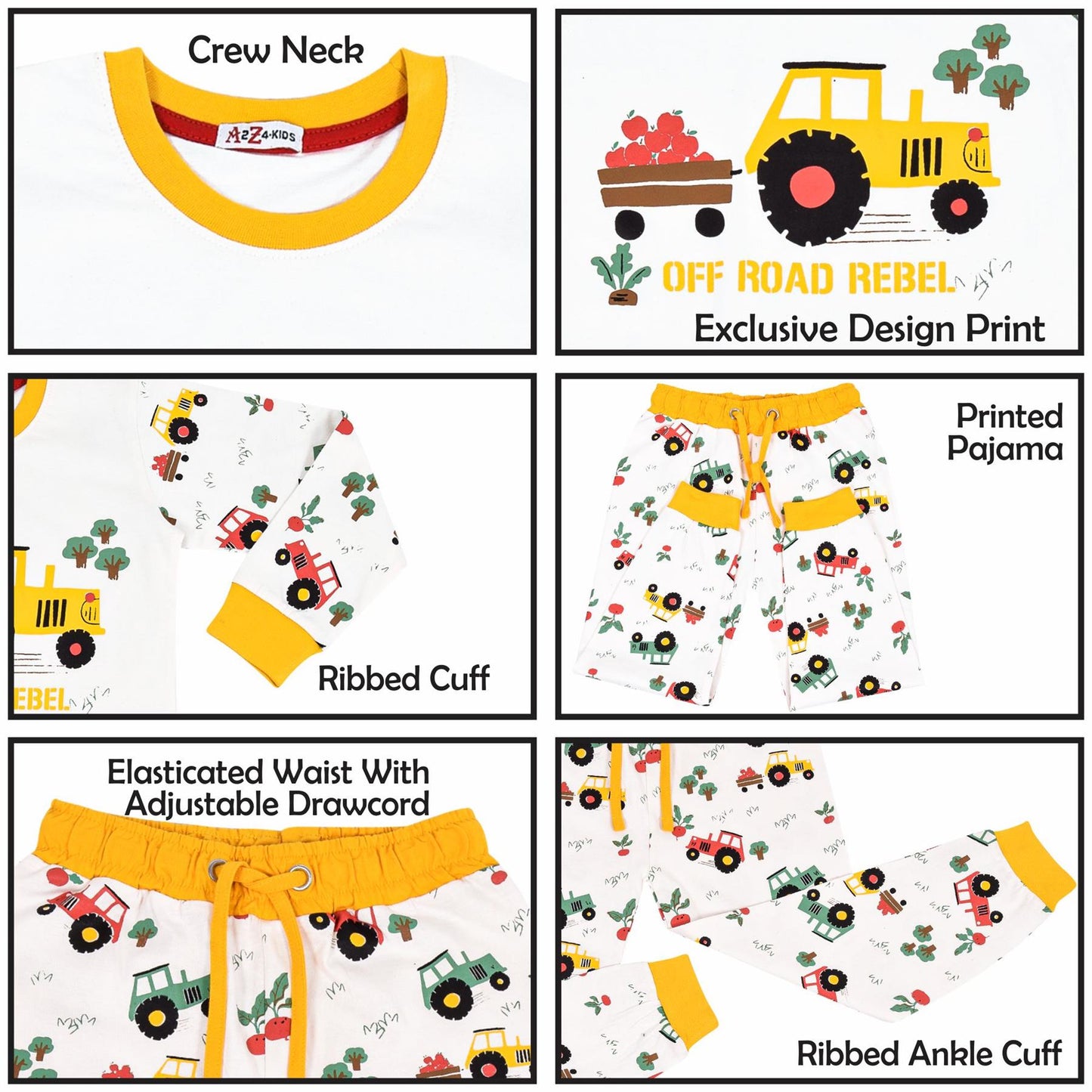 Kids Girls Boys Pyjamas Tractor Contrast Top Bottom Sleepwear Unisex Outfit Set