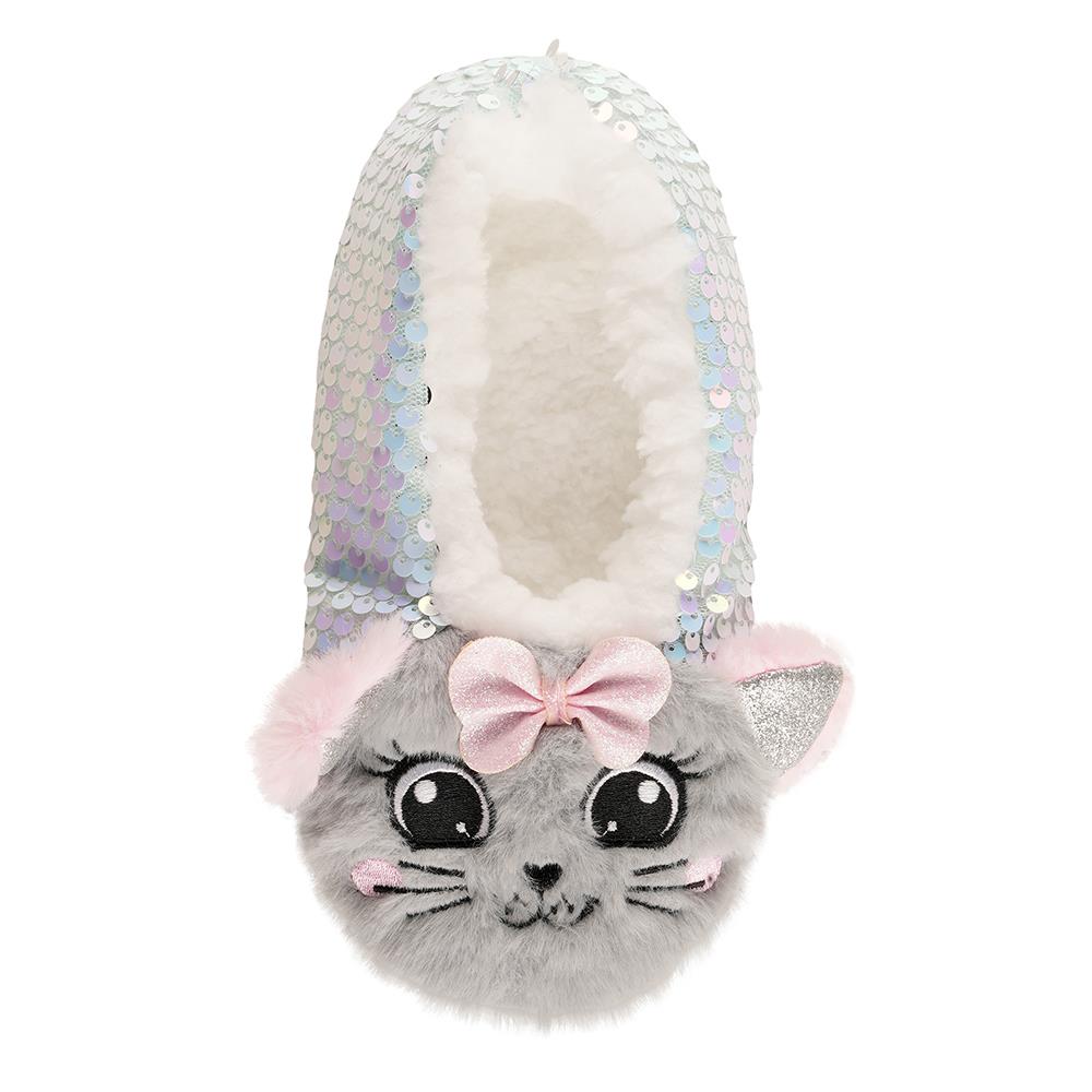 Kids Girls Grey Sequin Cat with 3D Ears Bow Soft Plush Indoor House Slippers