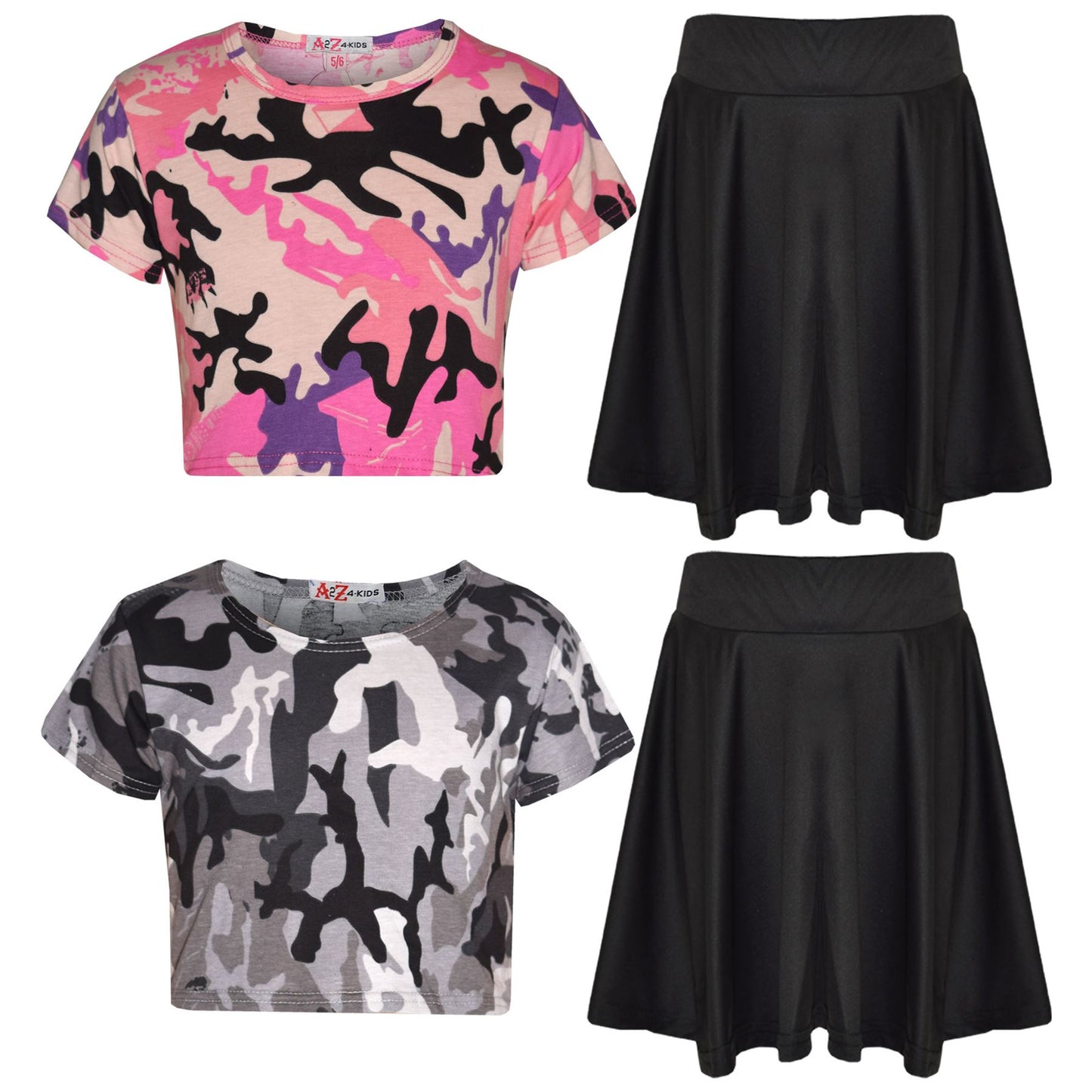 A2Z 4 Kids Camouflage Crop Top & Skater Skirt Set Short Sleeves T Shirt Summer Outfit 2 Piece Activewear For Girls Age 5-13 years