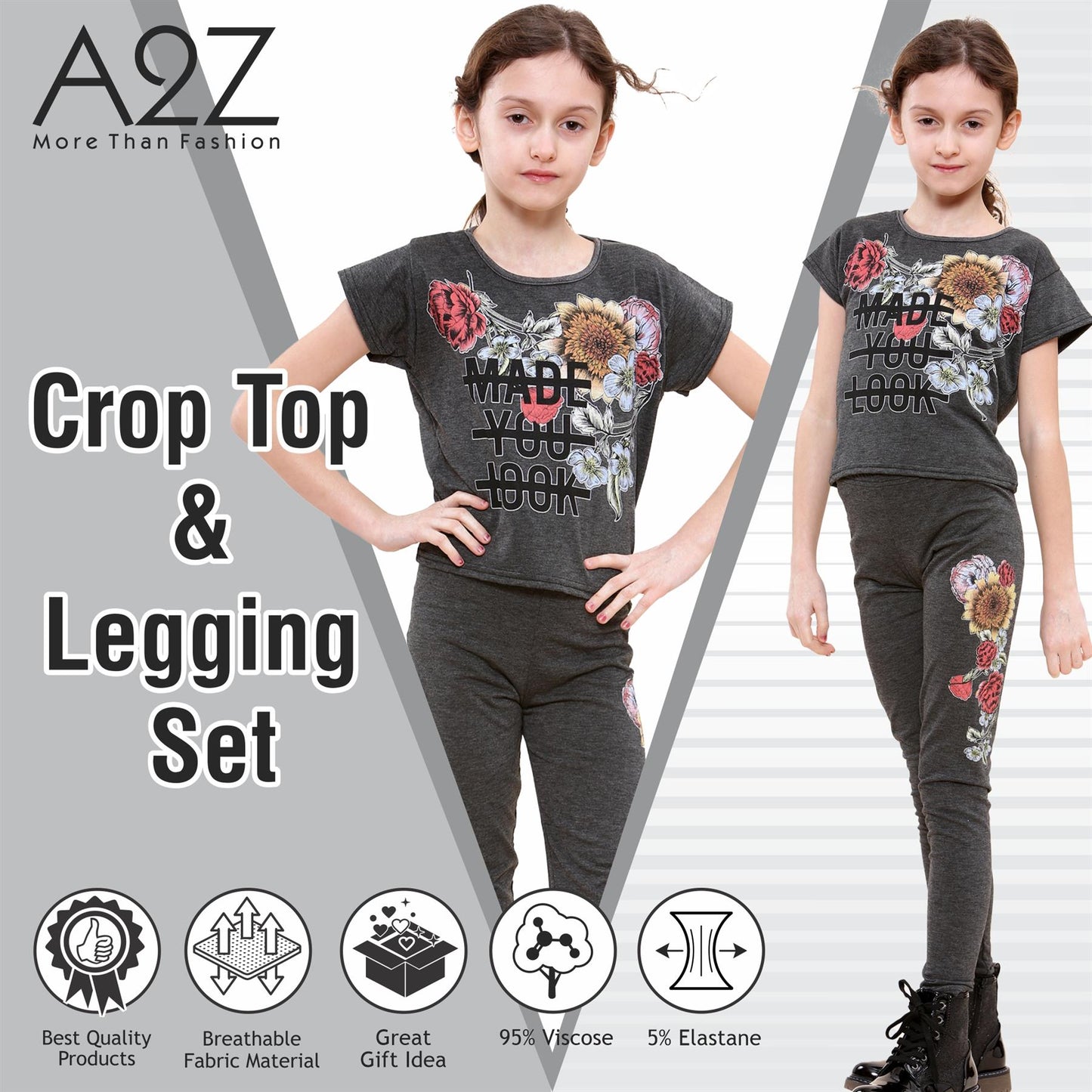 Girls Top Kids Short sleeves Made You Look Print Crop Top & Legging Set 5-13 Yrs
