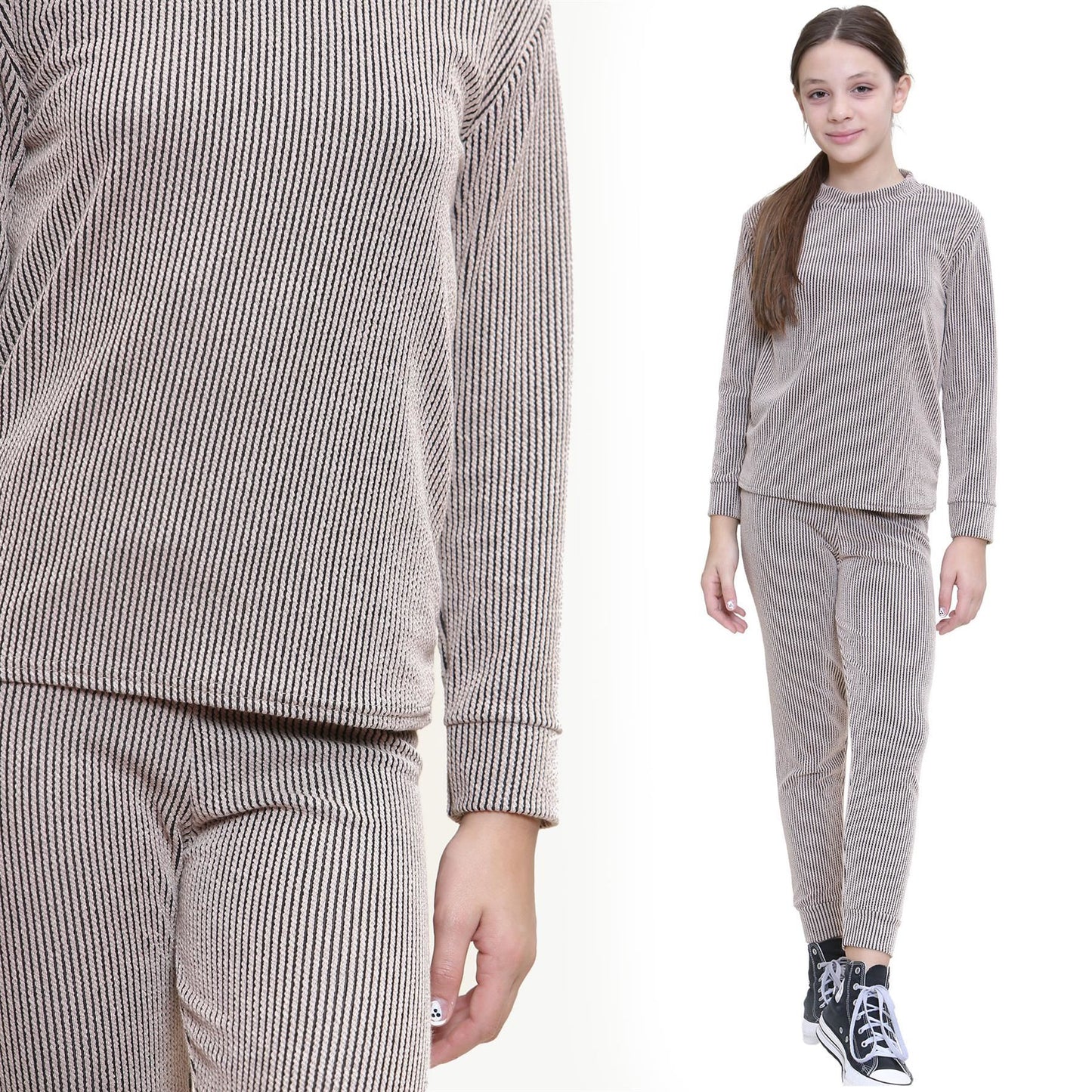 Kids Girls Ribbed Top & Bottom Tracksuit Lounge Wear Long Sleeves Outfit Set