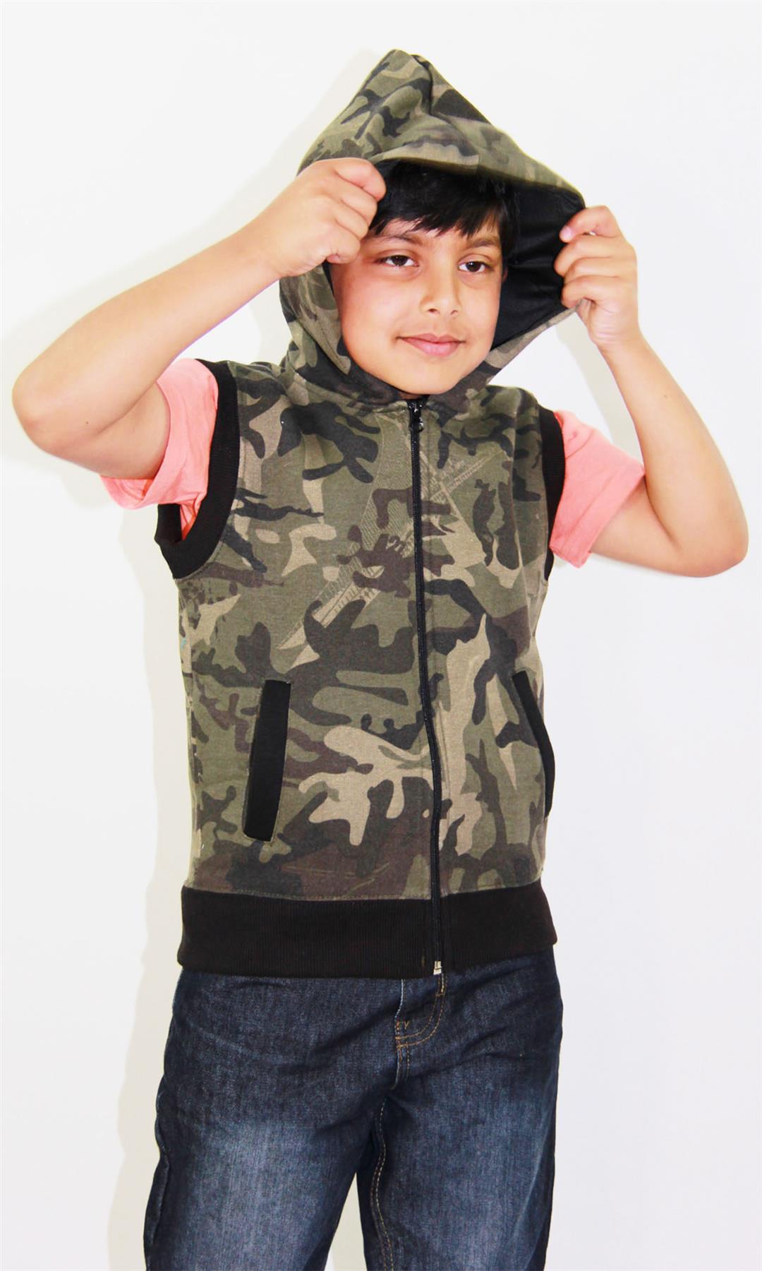 Kids Hooded Gilet Jacket Fleece Fabric No Sleeve Zipper Coat Boys Age 5-13 Year