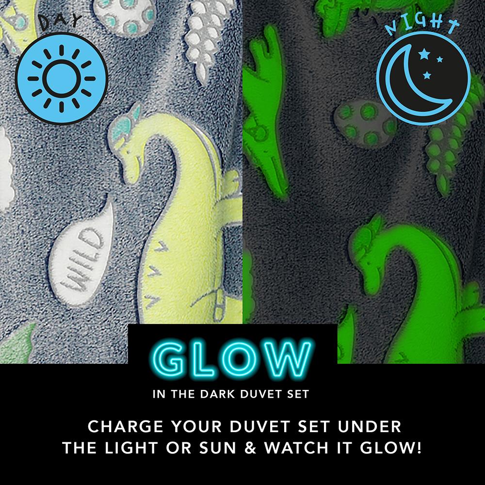 Double Duvet Cover Set Glow In The Dark Dinosaur Super Soft Warm Two Pillow Case