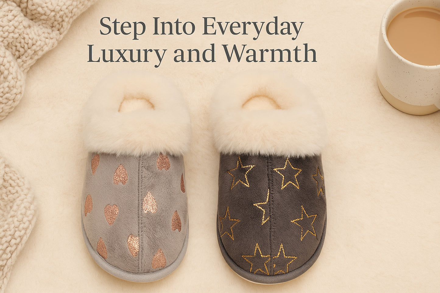 A2Z Ladies Foil Heart and Star Mule Slippers Warm Faux Fur Lined Indoor Shoes
