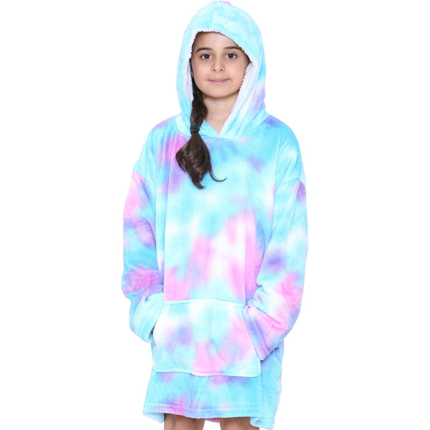 Kids Girls Boys Oversized Hoodie Blue Tartan Printed Snuggle Soft Fleece Blanket