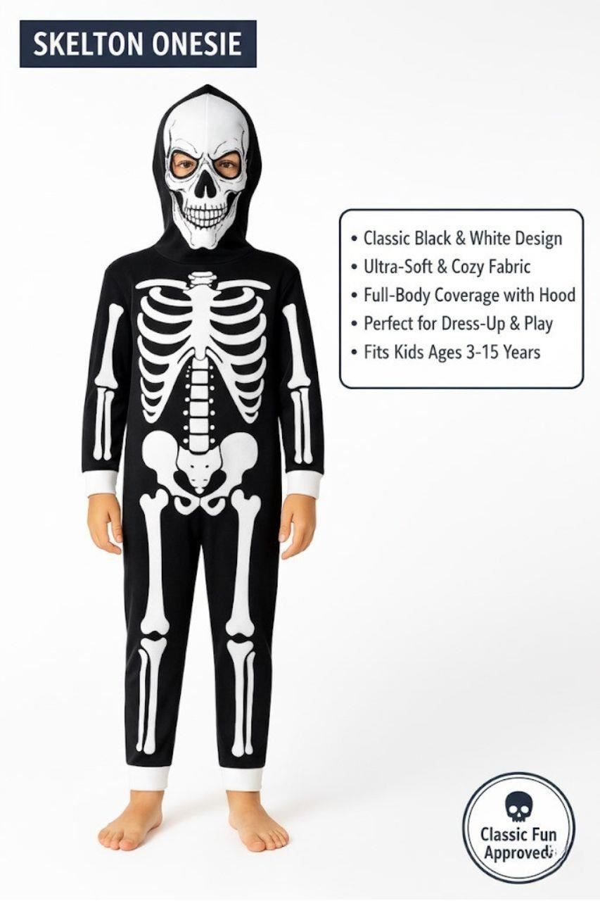 Kids Girls Boys Skeleton Print Pyjama Onesie White All In One Halloween Costume