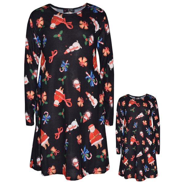 A2Z Kids® Girls Xmas Dress Kids Jingle Bells Santa Claus Snowman Penguin Print Christmass Dresses With A Free Xmas Badge New Age 10