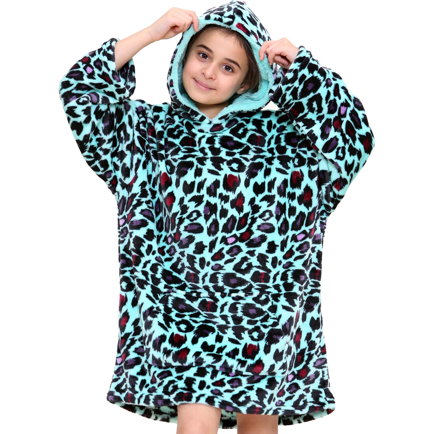 Kids Girls Boys Oversized Hoodie Blue Tartan Printed Snuggle Soft Fleece Blanket