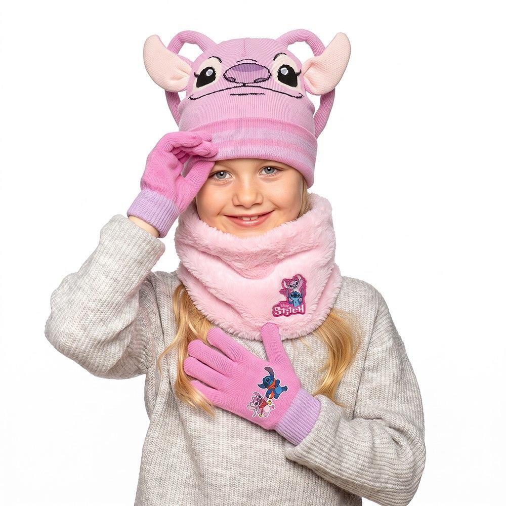 Disney Lilo Stitch Girls Baby Pink Winter Hat Gloves Snood 3 Piece Set One Size