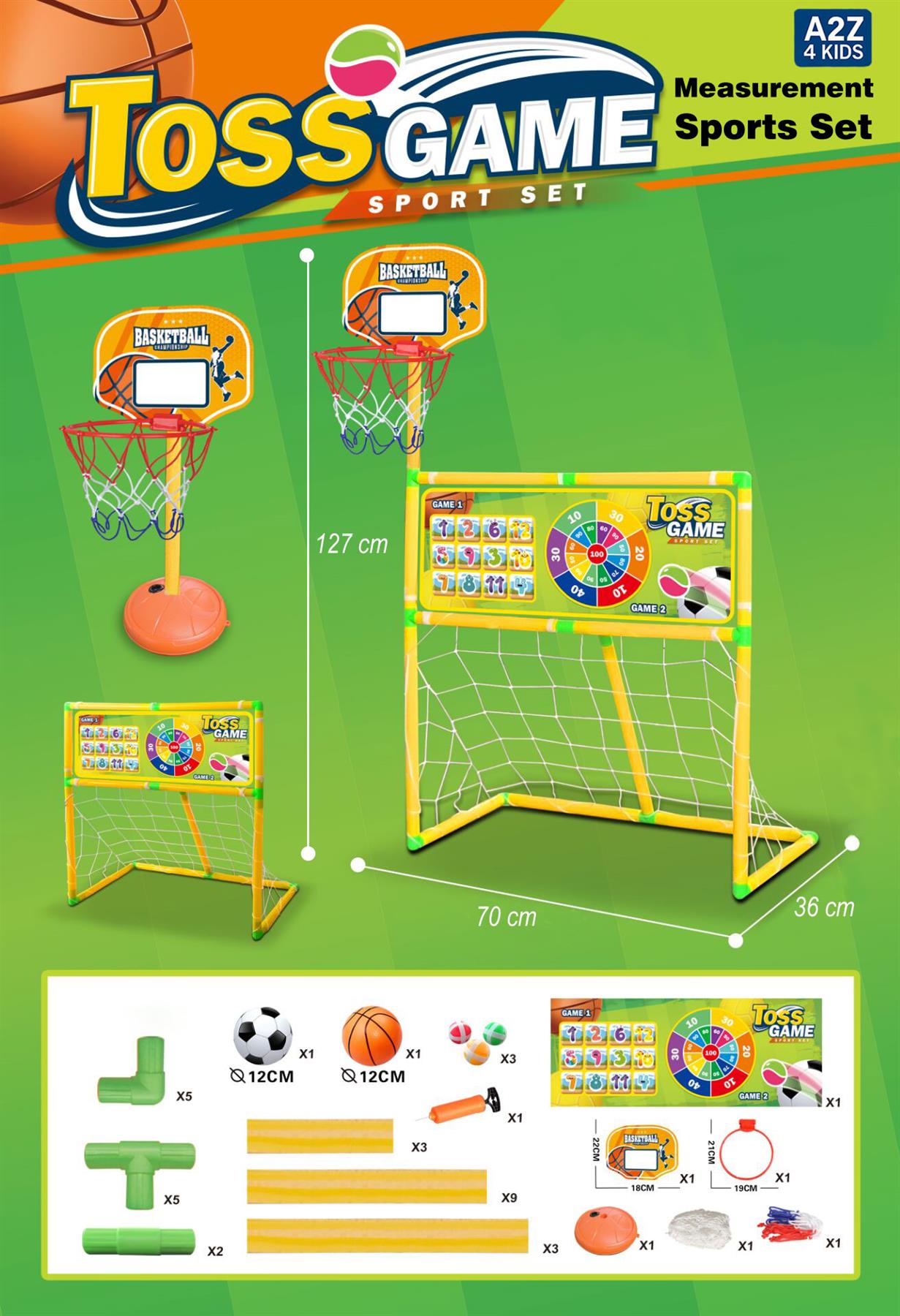 3 in 1 Kids Toss Game Set Basketball Hoop Football Goal Net with Target Boar