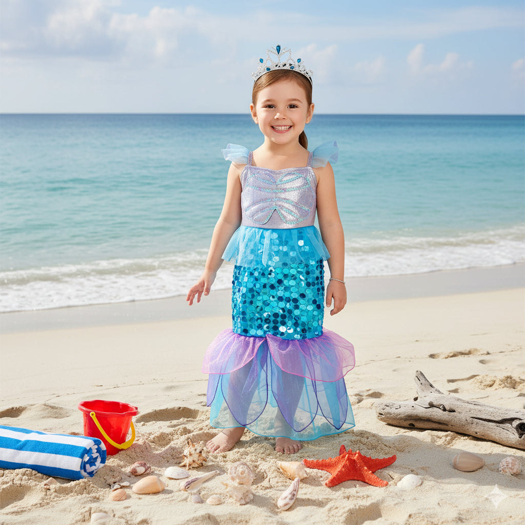 A2Z 4 Kids Girls Mermaid Halloween Costume Dress with Crown Kid Sparkly Sequin