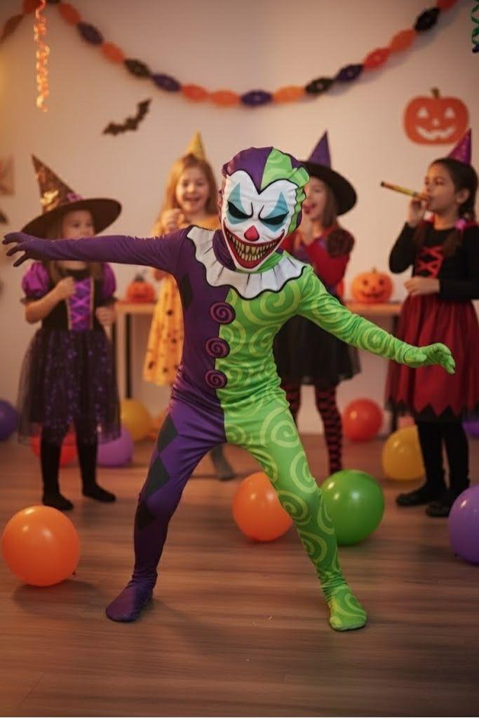 Kids Scary Creepy Clown Halloween Fancy Dress Jester Costume with Mask 3-14 Yrs