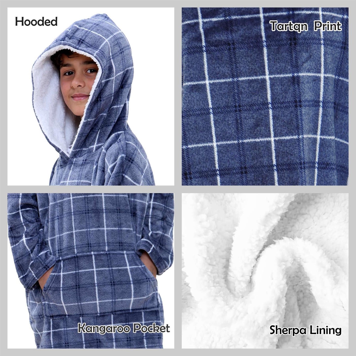 Kids Girls Boys Oversized Hoodie Blue Tartan Printed Snuggle Soft Fleece Blanket