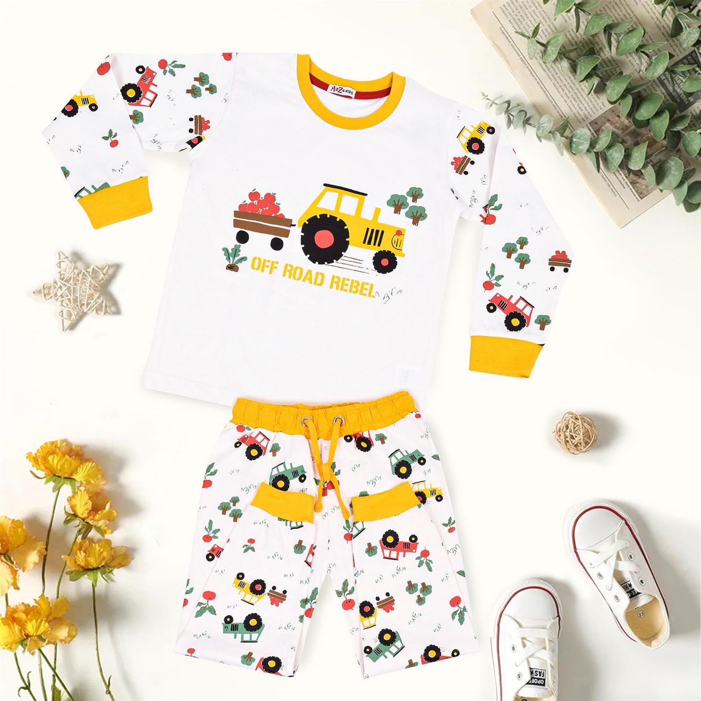 Kids Girls Boys Pyjamas Tractor Contrast Top Bottom Sleepwear Unisex Outfit Set