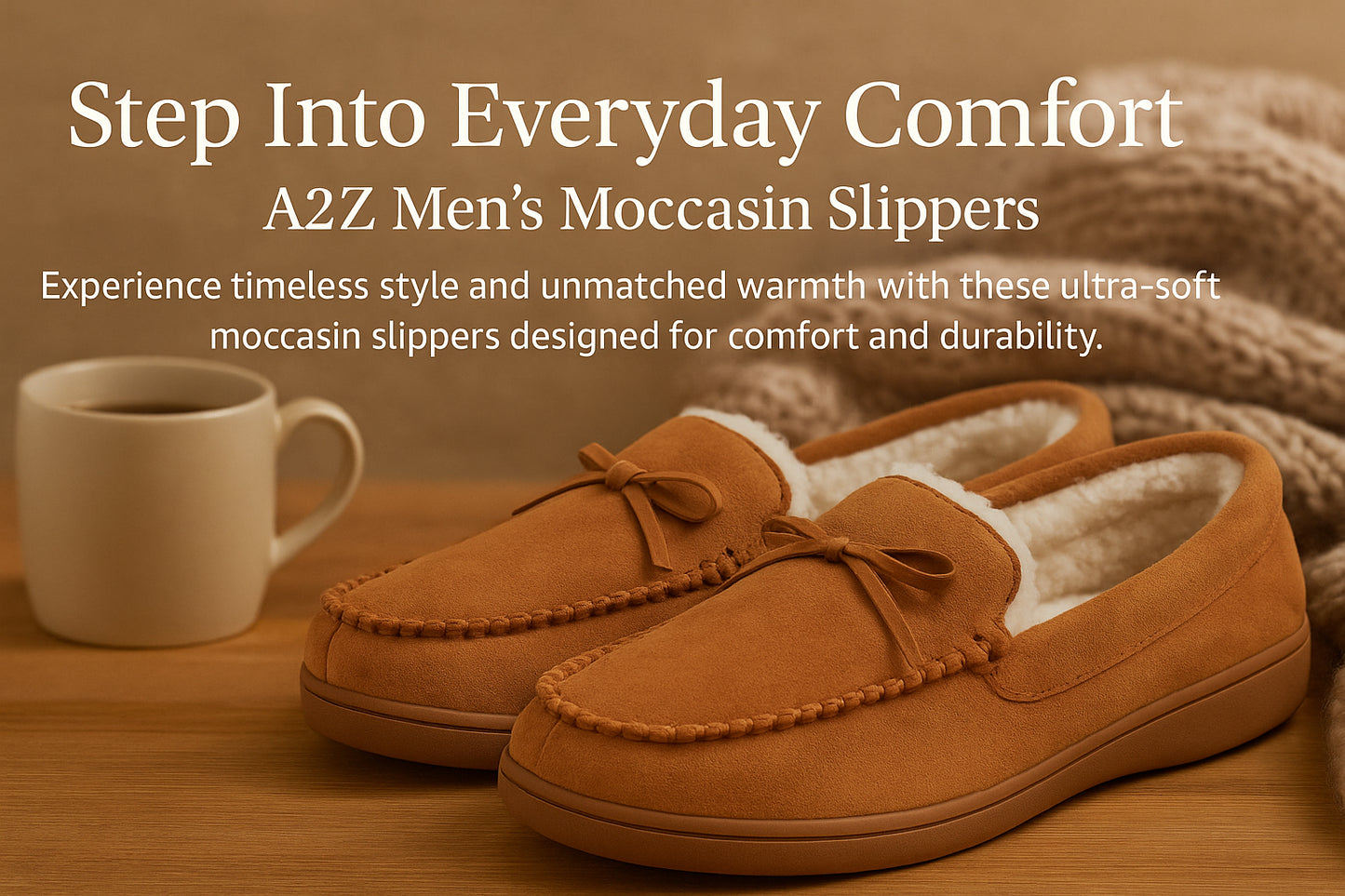 A2Z Mens Tan Moccasin Slippers Warm Fleece Lined  Microfibre Upper Non Slip Sole