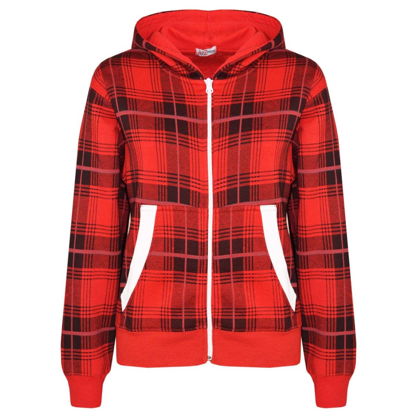 Kids Jacket Boys Girls Fleece Tartan Print Zipped Top Hooded Hoodie 5-13 Years