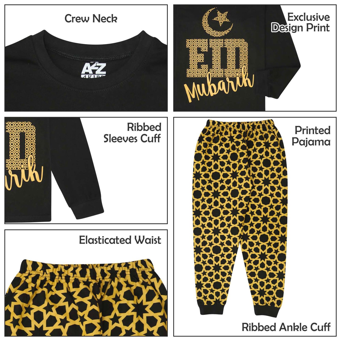 Kids Girls Childrens Black Eid PJS Pyjamas Sleepover 2 Piece Cotton Gift 2-13