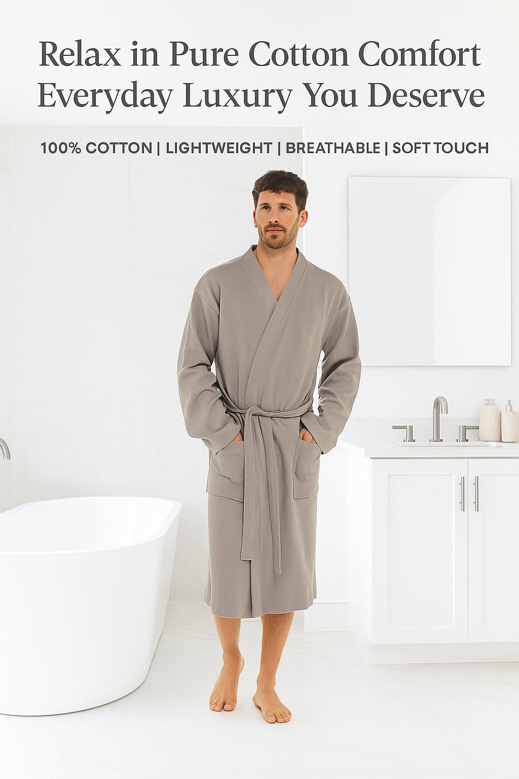 Mens Grey Texture Knitted Cotton Waffle Dressing Gown with Belt & Front Pockets