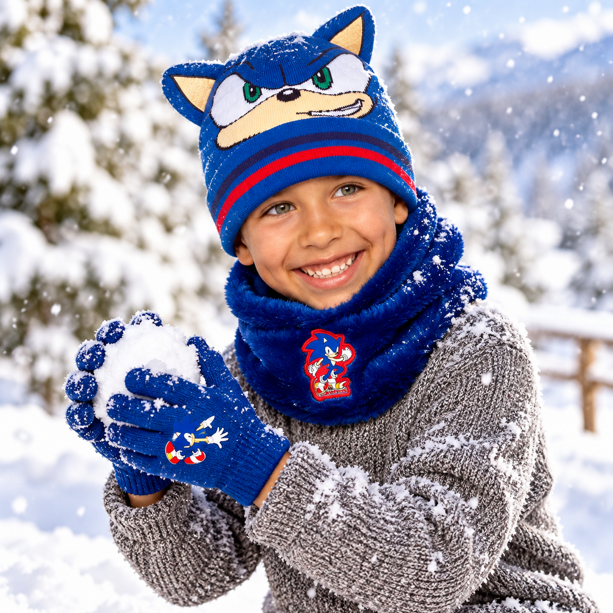 Sonic Boys Hat Gloves Snood Set Royal Blue Winter 3 Piece Officially Licensed