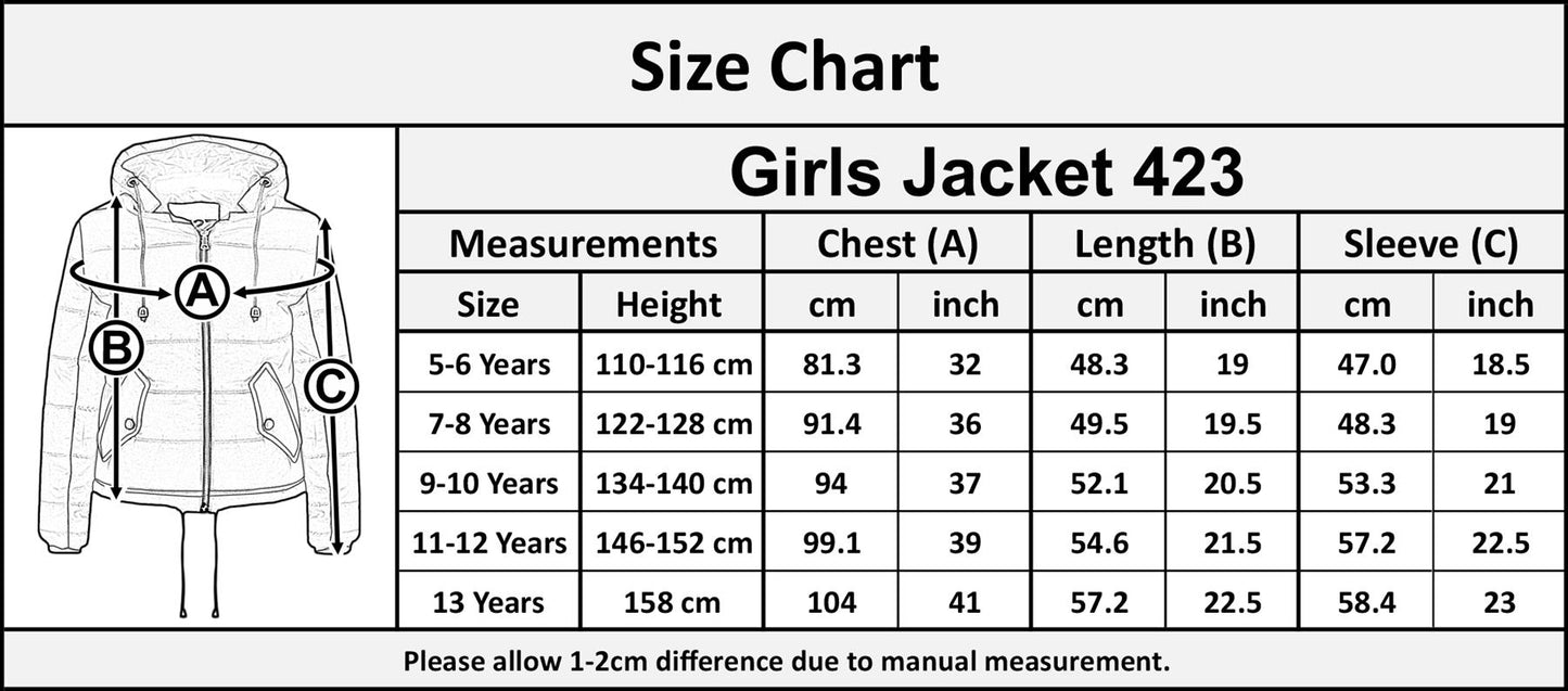 Kids Girls Jacket Stylish Cropped Padded Puffer  Thick Coat Age 5-13 Years