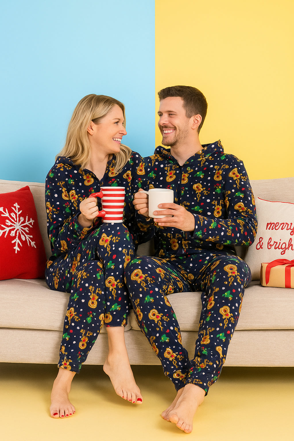 A2Z Men Womens Xmas Micro Fleece Hooded Soft Warm All in One Festive Pyjamas