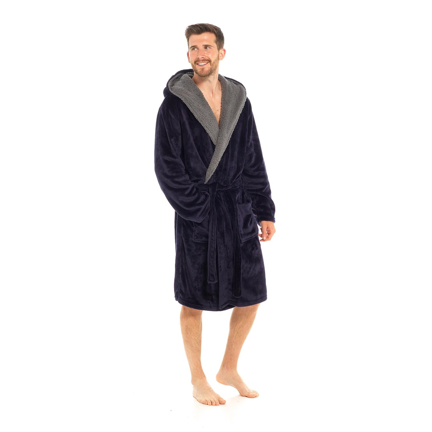 Mens Flannel Fleece Hooded Dressing Gown Sherpa Lined Robe with Belt & Pockets