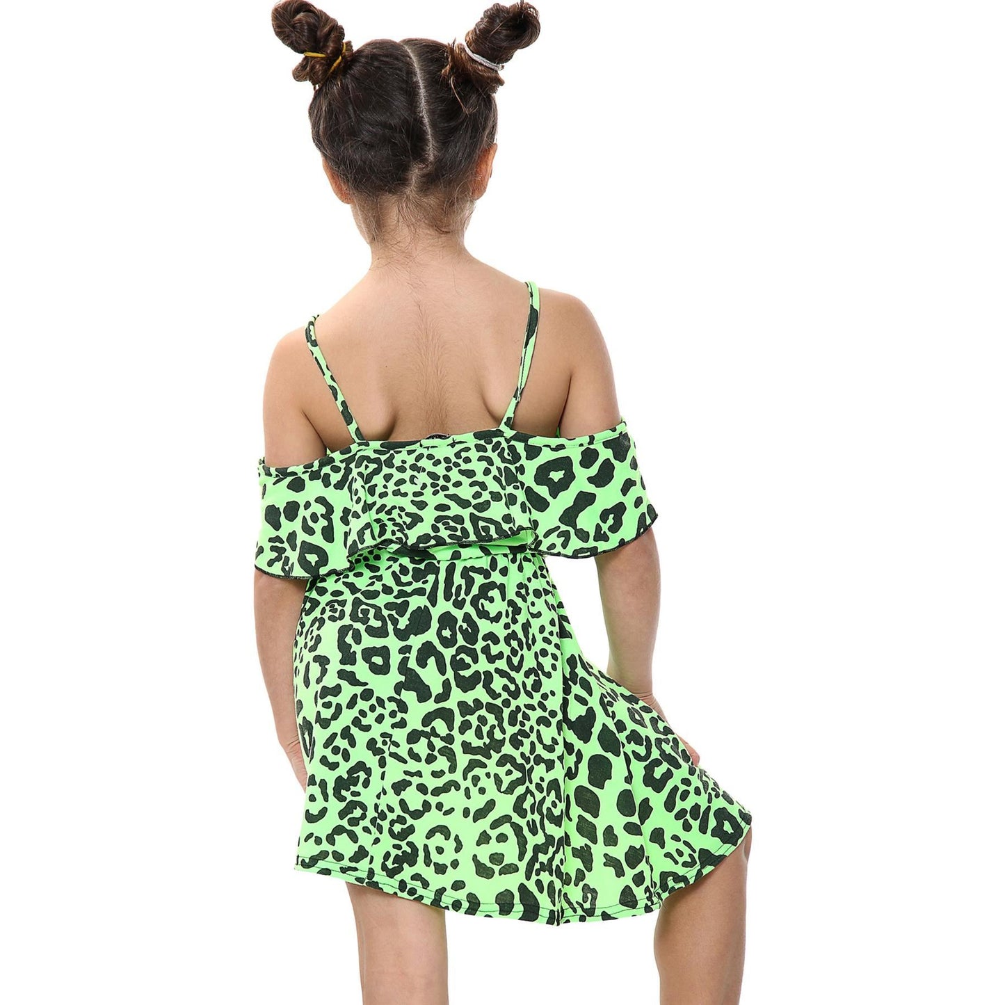 Kids Girls Skater Dress Leopard Print Summer Party Off Shoulder Dress 5-13 Years