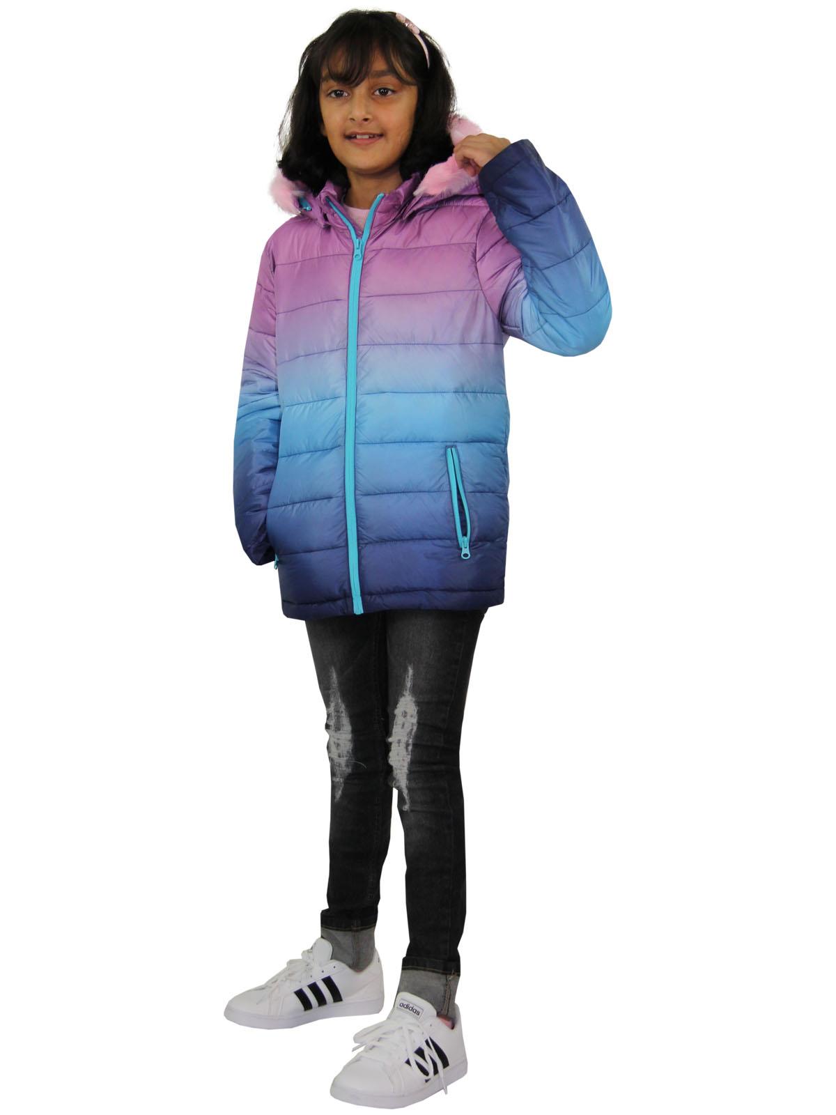 Kids Girls Puffer Jacket Faux Fur Hooded 3D Fade Gradient Padded Thick Warm Coat