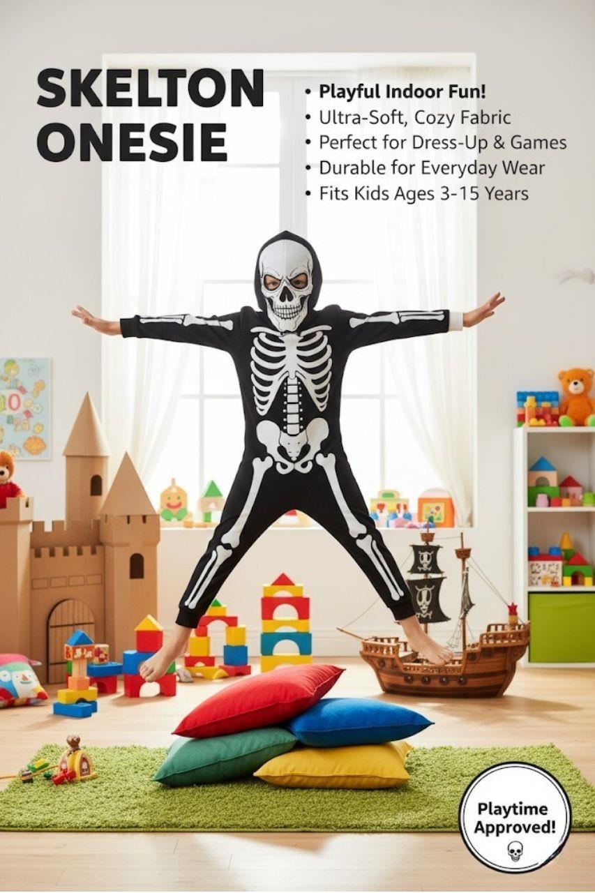 Kids Girls Boys Skeleton Print Pyjama Onesie White All In One Halloween Costume