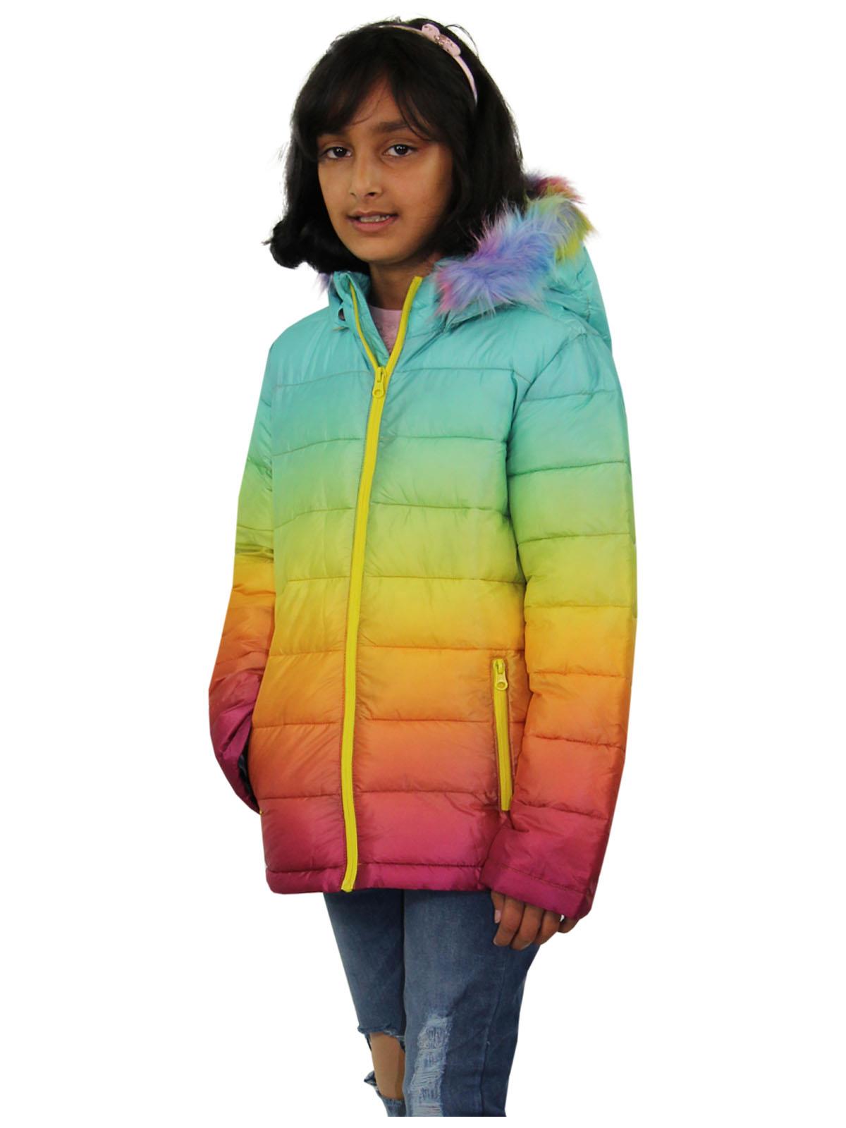 Kids Girls Puffer Jacket Faux Fur Hooded 3D Fade Gradient Padded Thick Warm Coat