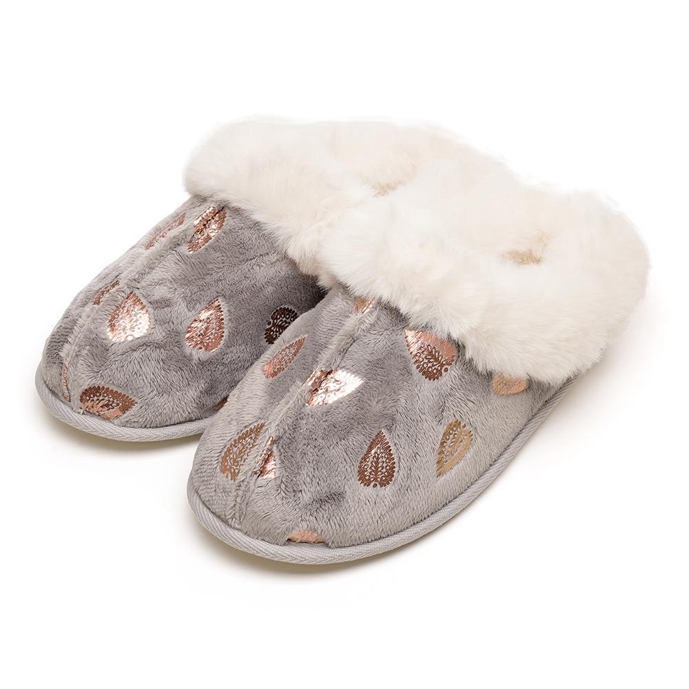 A2Z Ladies Foil Heart and Star Mule Slippers Warm Faux Fur Lined Indoor Shoes