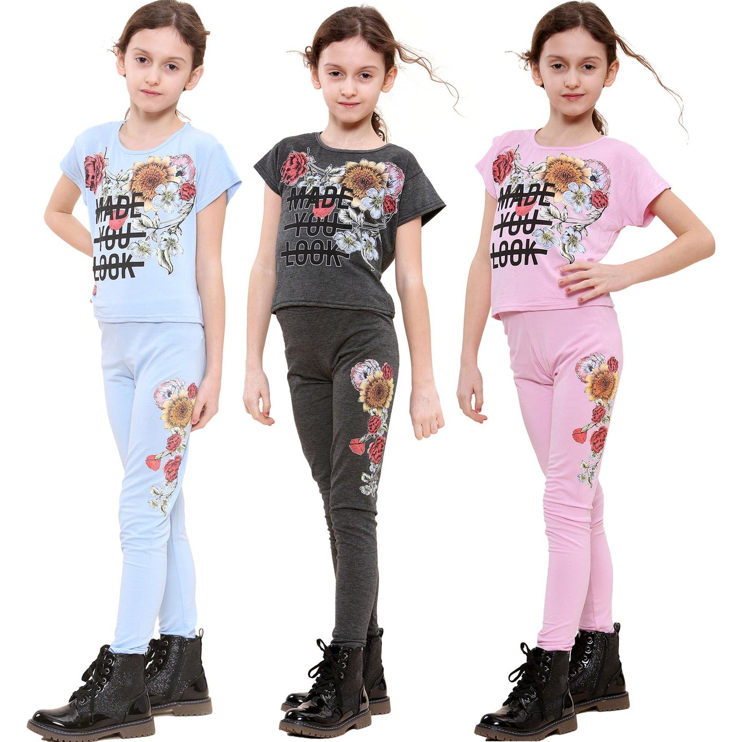 Girls Top Kids Short sleeves Made You Look Print Crop Top & Legging Set 5-13 Yrs