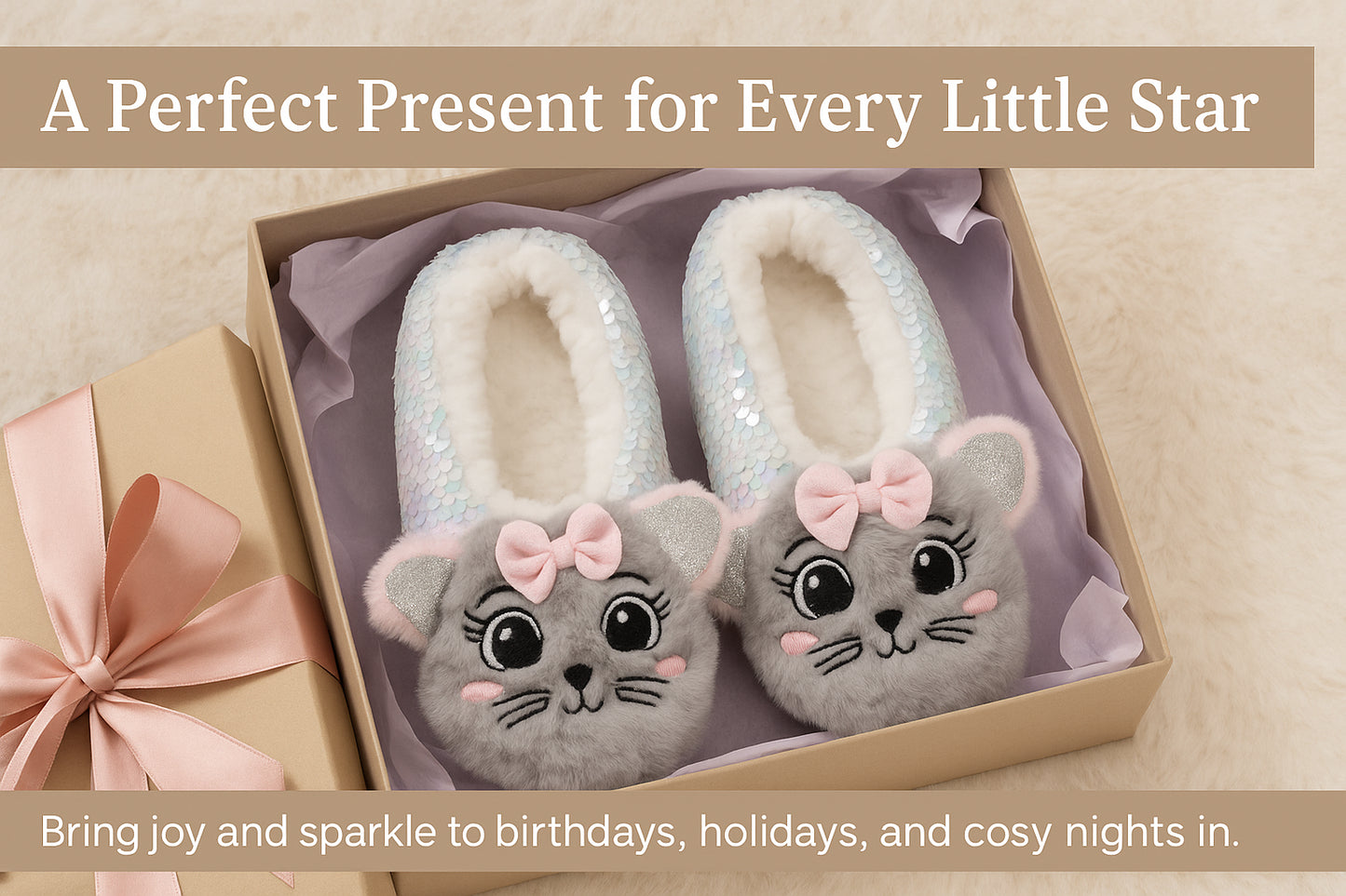 Kids Girls Grey Sequin Cat with 3D Ears Bow Soft Plush Indoor House Slippers